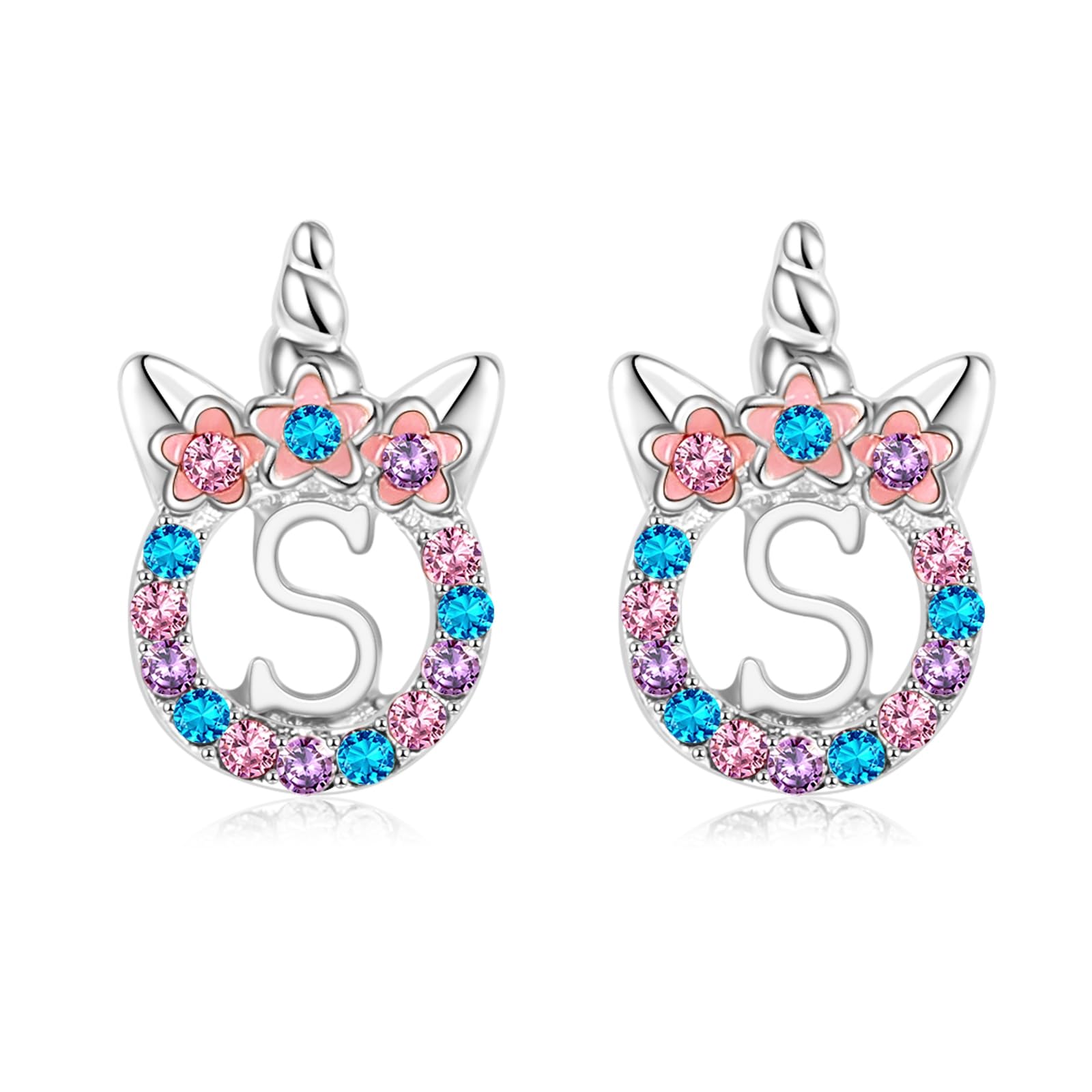 Rose Gold & Silver Initial Unicorn Stud Earrings for Girls - Hypoallergenic Rhinestone Letter Jewelry | Kids Toddler Gifts for Birthdays, Parties & Special Occasions