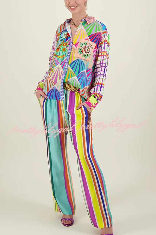 You Make Me Wonder Satin Colorful Unique Print Button Down Oversized Blouse - Stylish Women's Fashion Top for Casual Wear, Office & Date Nights