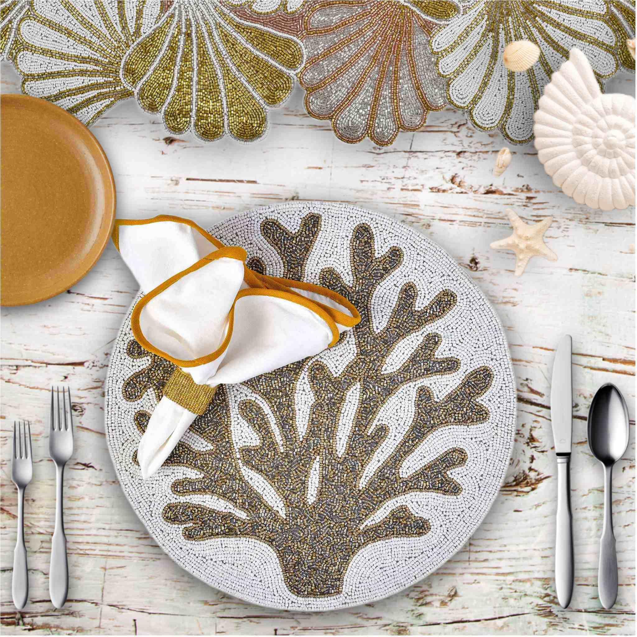 Handmade Bead Table Runner - Gold & Cream Clam Casino Embroidery - 36x13.75 Inch Coastal Summer Decor for Indoor/Outdoor Dining Tables | Perfect for Beach Weddings, Patio Parties & Nautical-Themed Home Décor
