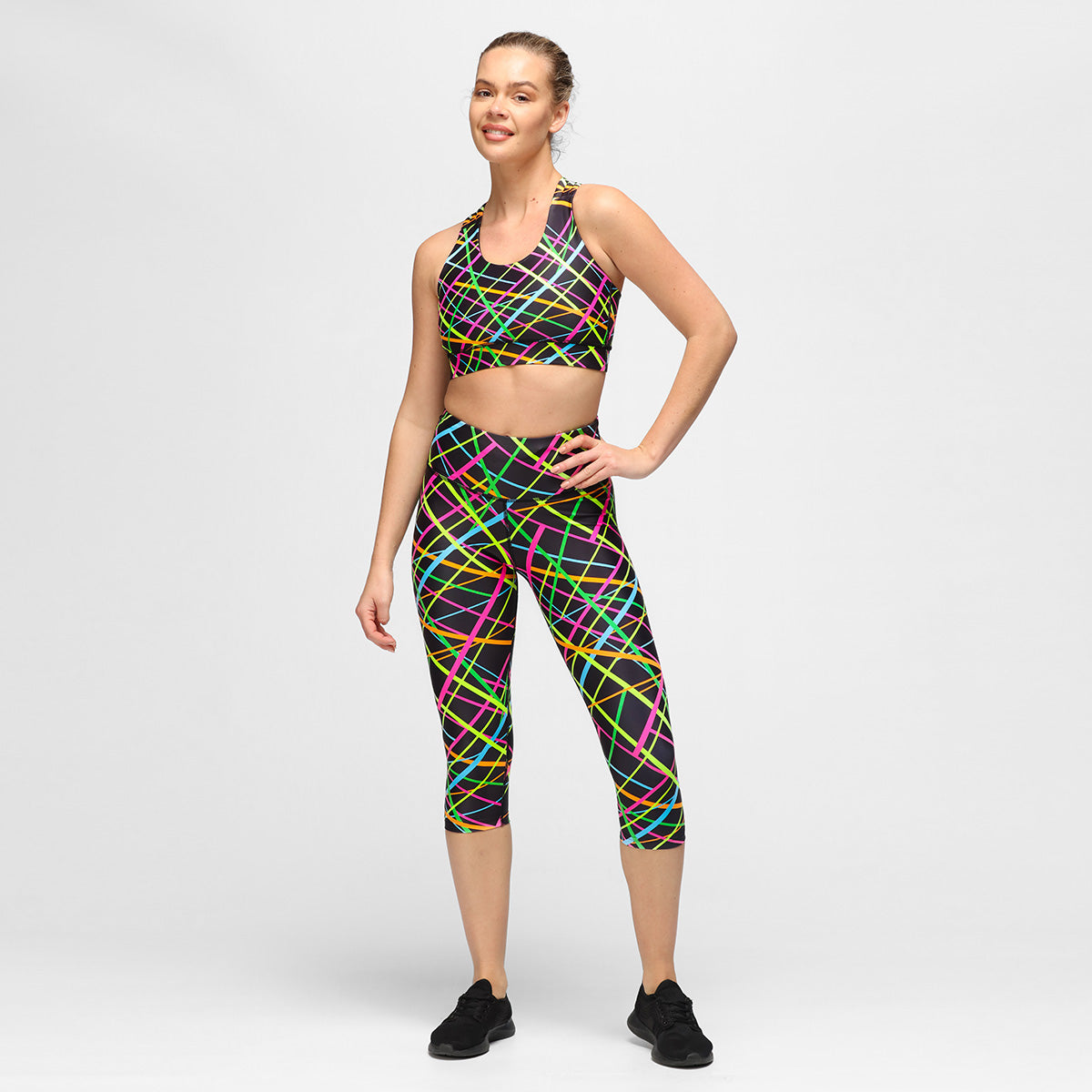 Clubbercise Neon Beam Capri Leggings - High Waist Workout Pants for Dance Fitness & Yoga - Perfect for Gym, Zumba, and Nightclub Dancing