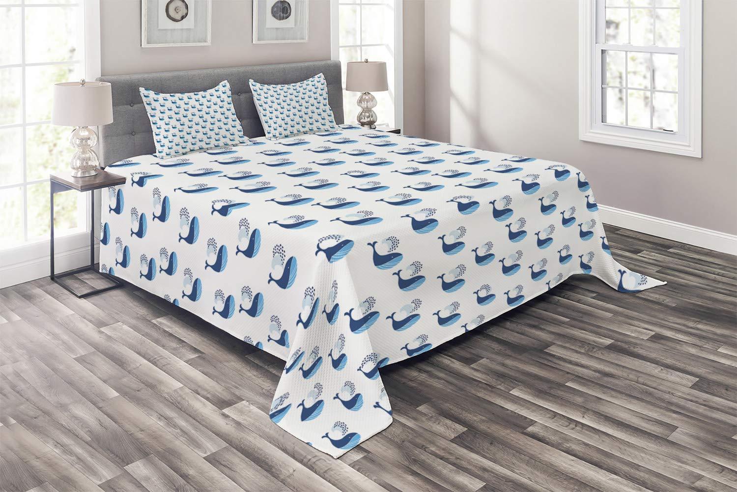 Ambesonne Modern King Size 3-Piece Quilted Bedspread Set with 2 Pillow Shams - Whale & Ocean Marine Underwater Design in Dark Sky Blue | Luxury Bedroom Decor for Coastal & Nautical Theme Rooms