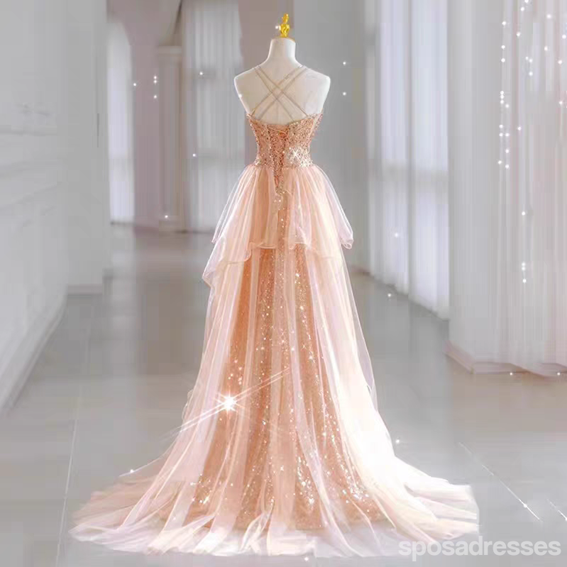Elegant Rose Gold Spaghetti Strap Maxi Long Prom Dress for Women - Perfect for Evening Parties, Formal Events & Special Occasions