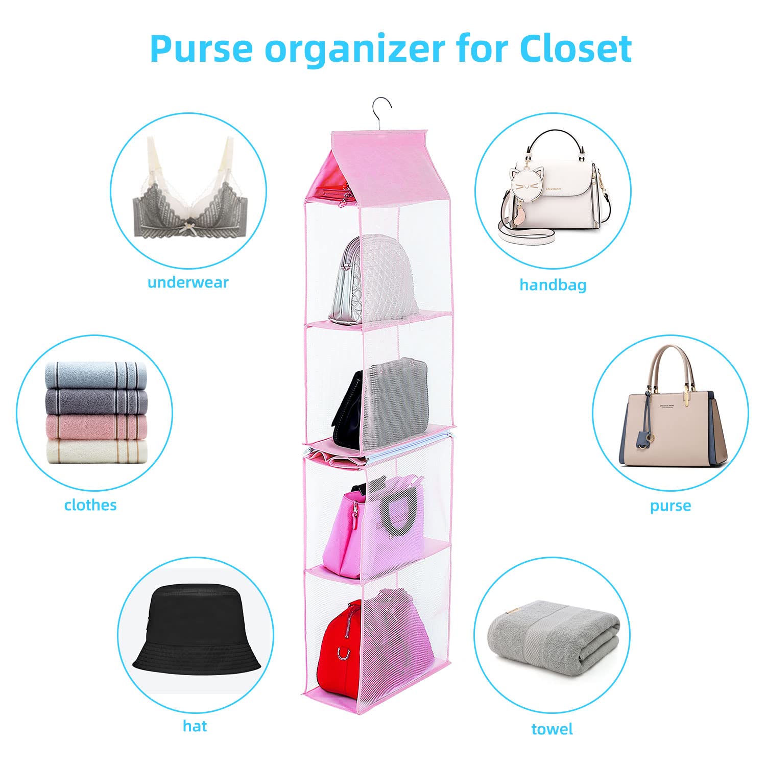 Keepjoy Hanging Handbag Organizer - 4-Tier Heavy Duty Mesh Purse Storage for Closet, Pink | Space-Saving Bag Holder for Women's Accessories, Perfect for Bedroom, Walk-In Closet & Dorm Organization