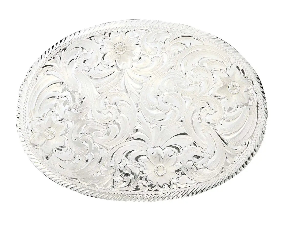 Engraved Western Belt Buckle for Men - Silver Oval Cowboy Buckle with Etched Trim - Perfect for Rodeo, Country Music Festivals & Western Fashion Outfits