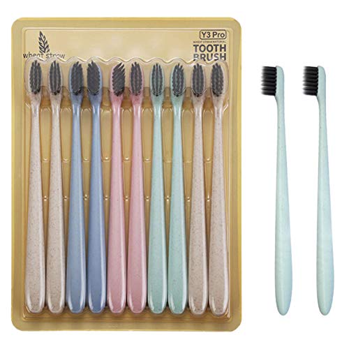 Eco-Friendly 10-Pack Wheat Straw Toothbrushes with Bamboo Charcoal Soft Bristles - Gentle for Sensitive Teeth & Gums - Family Pack for Kids & Adults - Perfect for Travel & Daily Oral Care