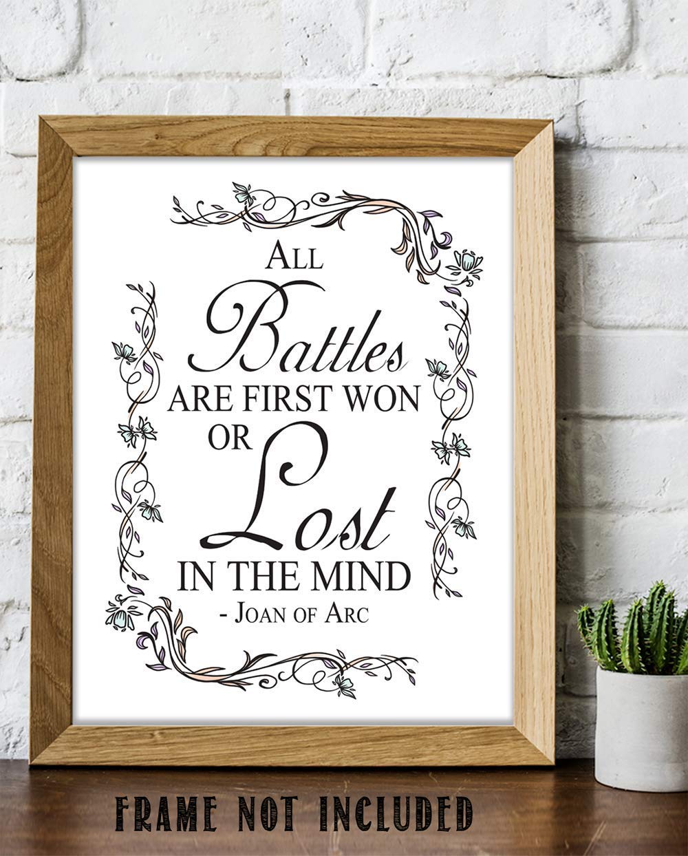 TJ Originals - 'All Battles are First Won or Lost in the Mind' Joan of Arc Christian Bible Quote Wall Art Print - 11x14 Inspirational Scripture Decor with Floral Border - Perfect for Home, Office & Gift for Family & Friends