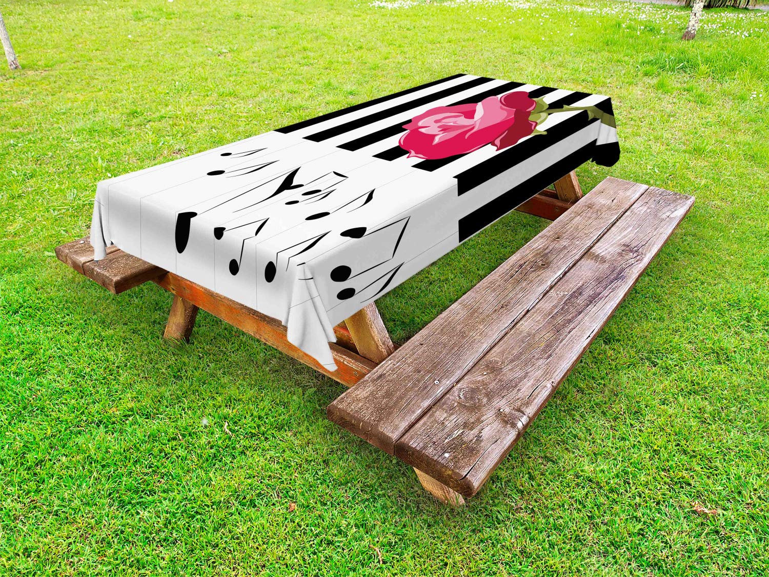 Ambesonne Modern Outdoor Tablecloth - Hand Drawn Red Rose Piano with Musical Notes, Romantic Instrumental Art Design, Washable Picnic Table Cover 58x120 Inches, Pink Black White - Perfect for Garden Parties, Outdoor Dining & Romantic Date Nights