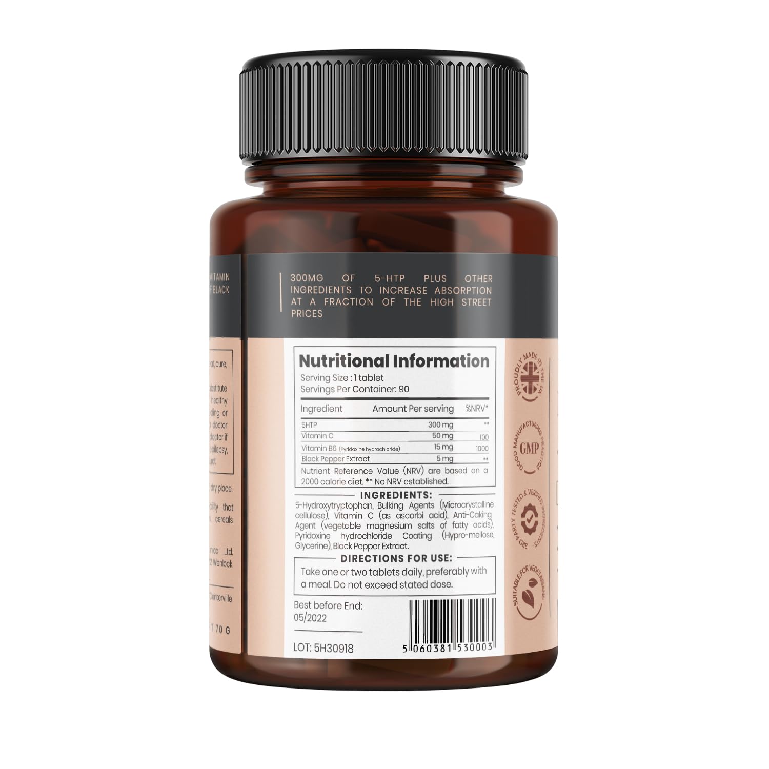 5HTP 300mg x 360 Tablets (4 Bottles of 90) - 12 Month Supply with Vitamin C, B6 & Black Pepper Extract | Stress Relief & Mood Support Supplement | Natural Sleep Aid & Anxiety Relief