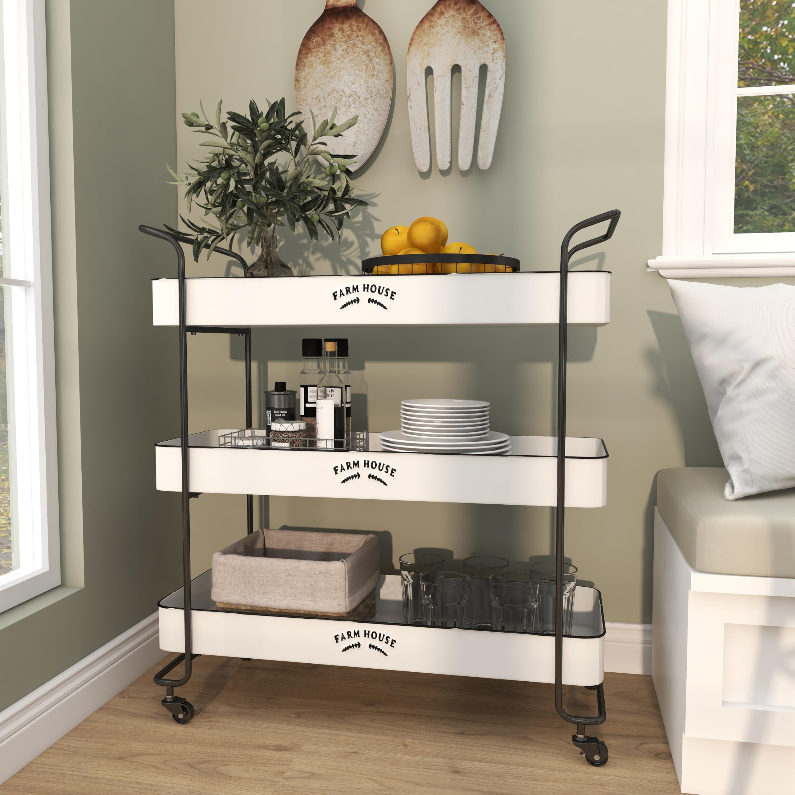 Deco 79 White Metal Kitchen Rolling Cart with 3 Shelves - Farmhouse Style Storage Organizer with Black Accents, 32