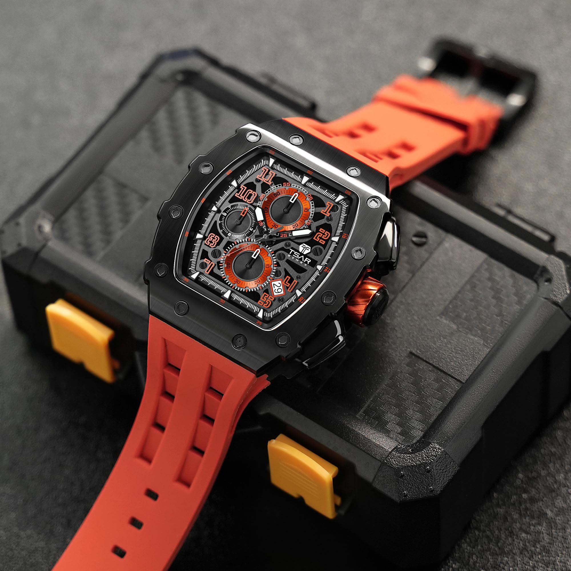 TSAR BOMBA Luxury Men's Watch - 50M Waterproof Tonneau Chronograph with Japanese Quartz Movement & Silicone Band - Perfect for Business, Casual & Outdoor Activities - Ideal Gift for Men