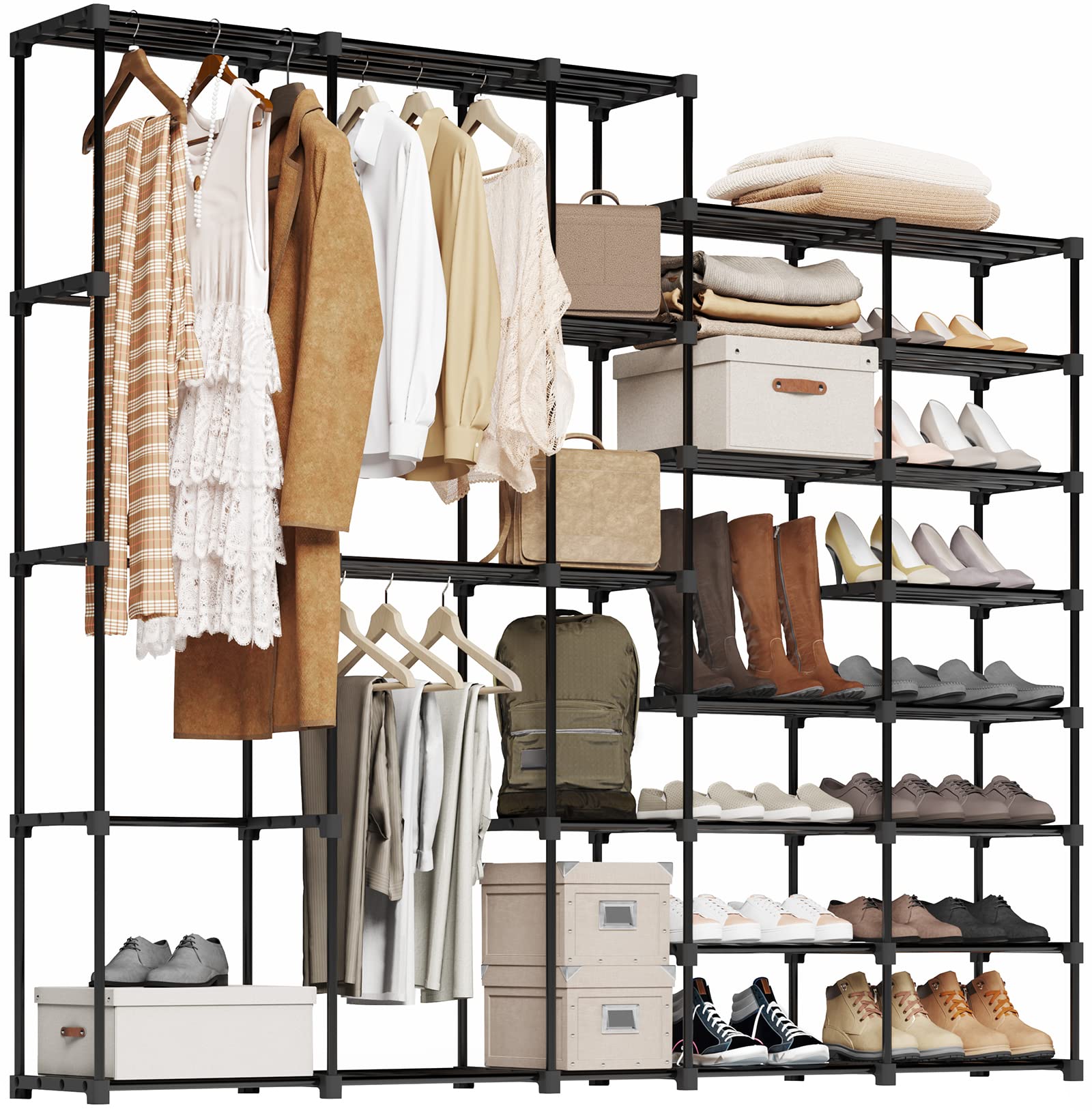 UNITSTAGE Portable Closet Wardrobe Organizer with Shoe Rack - Freestanding Clothes Hanging Storage (77.4x11.8x66 Inches) for Bedroom, Living Room, Dorm - Includes Plastic Connectors & Rubber Hammer - Black | Space-Saving Solution for Small Apartments & Closet Organization