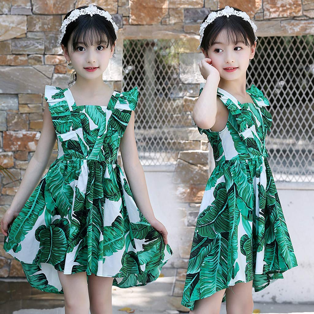 Hawaiian Tropical Sundress for Girls 4-12 Years - Sleeveless Leaf Print Ruched Summer Dress - Casual Beachwear for Kids & Teens - Perfect for Vacations, Parties & Outdoor Adventures
