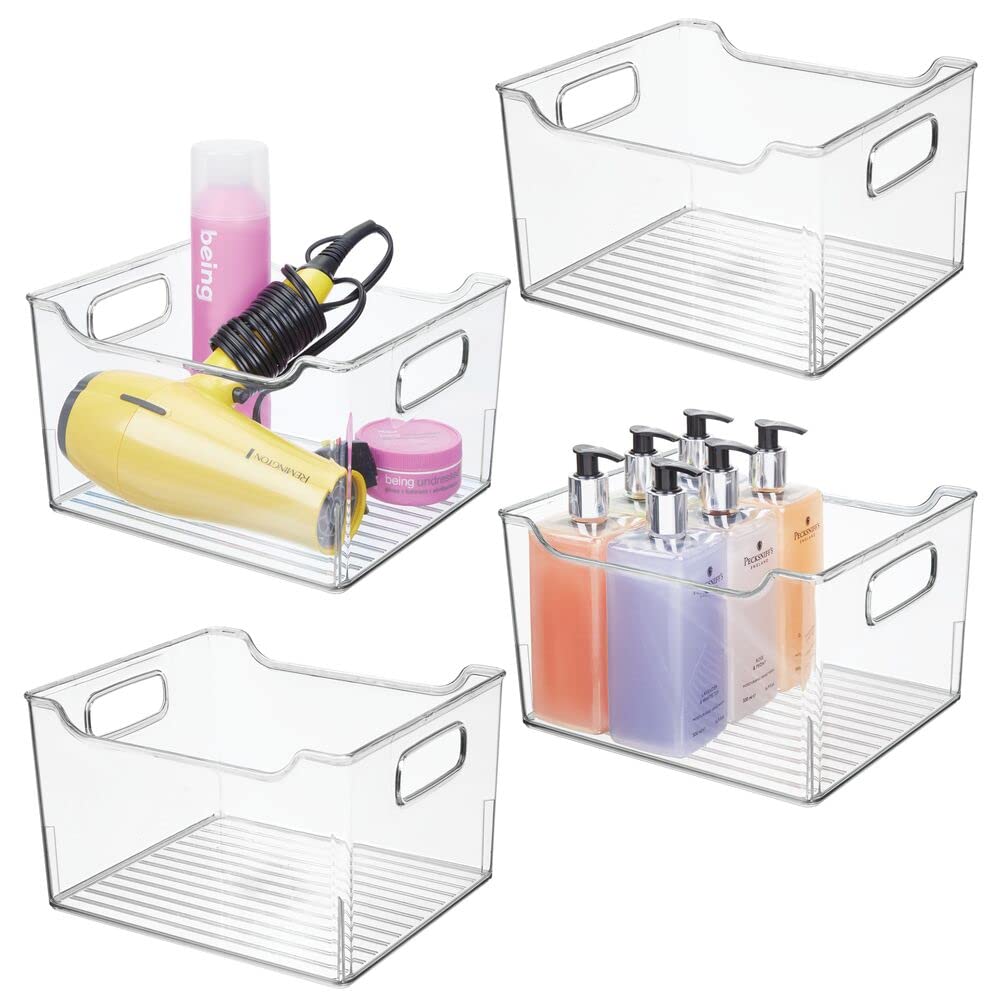 mDesign Large Deep Plastic Storage Bins with Handles - 4 Pack Clear Bathroom & Vanity Organizer for Makeup, Shelves, Cabinets & Closets - Perfect for Home, Office & Travel Organization - Ligne Collection