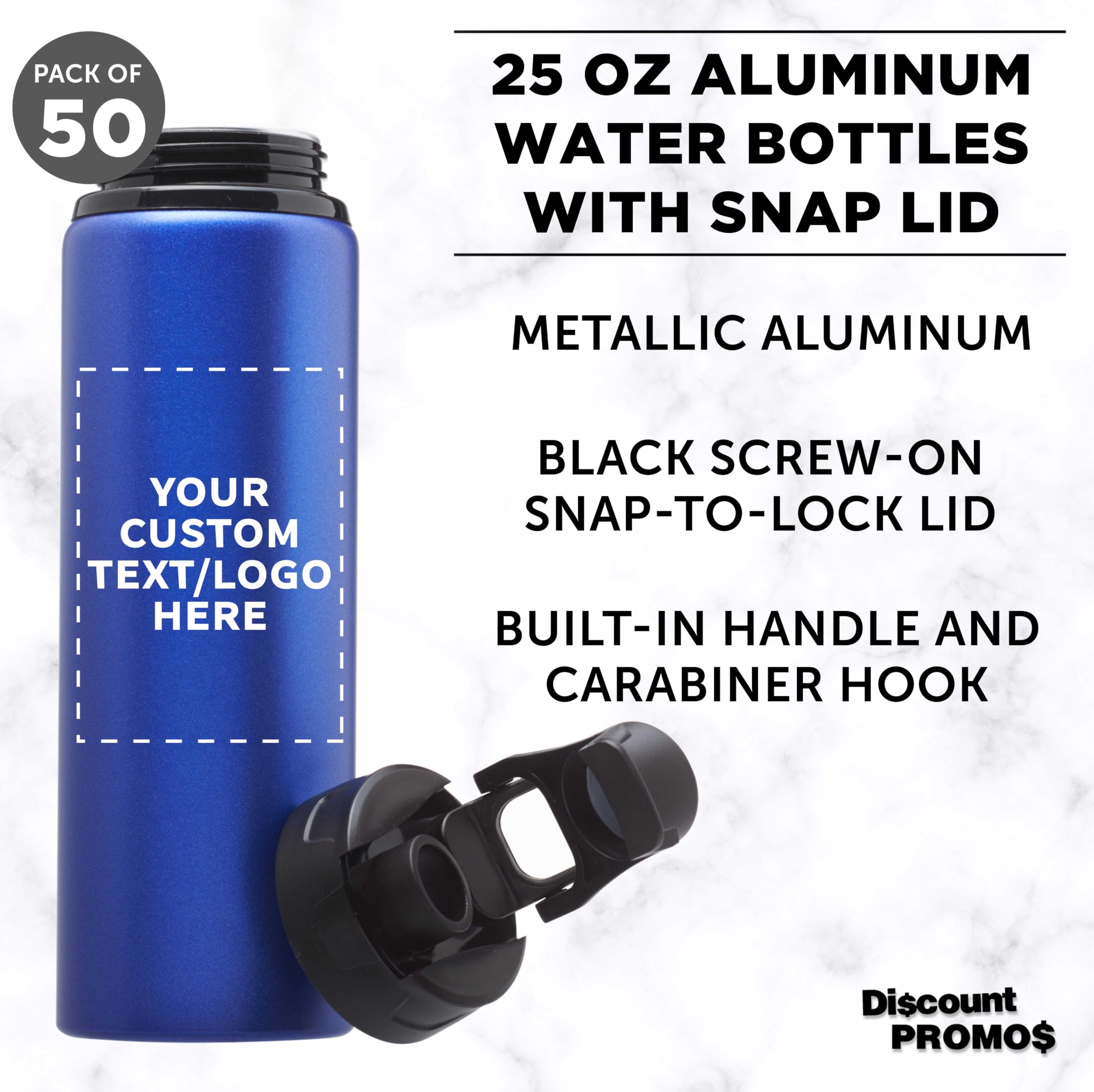 Custom 25oz Aluminum Water Bottles with Snap Lids - Bulk Pack of 50 Reusable Personalized Drinkware for Gym, Hiking, Cycling & School - Eco-Friendly Hydration Solution for Sports, Outdoor Adventures & Corporate Gifts - Blue