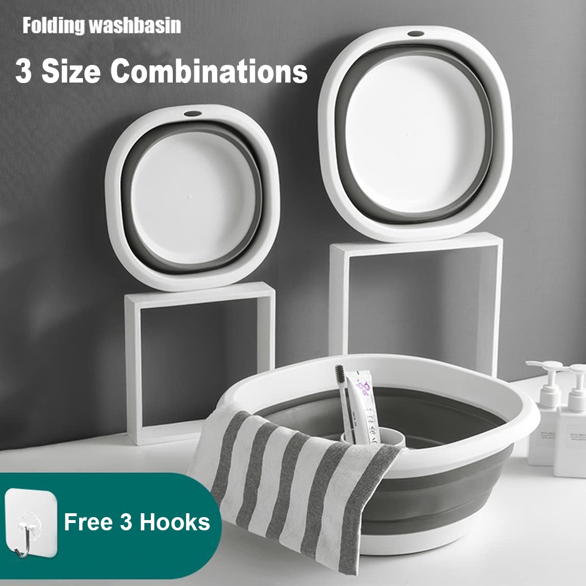 3-Pack Collapsible Wash Basin - Portable Baby Bottle & Camping Sink for Travel, Facial & Foot Washing | Foldable Utility Tub for Baby Care, Outdoor Adventures & Home Use (Grey) | Perfect for Camping, RV Trips & Nursery Organization