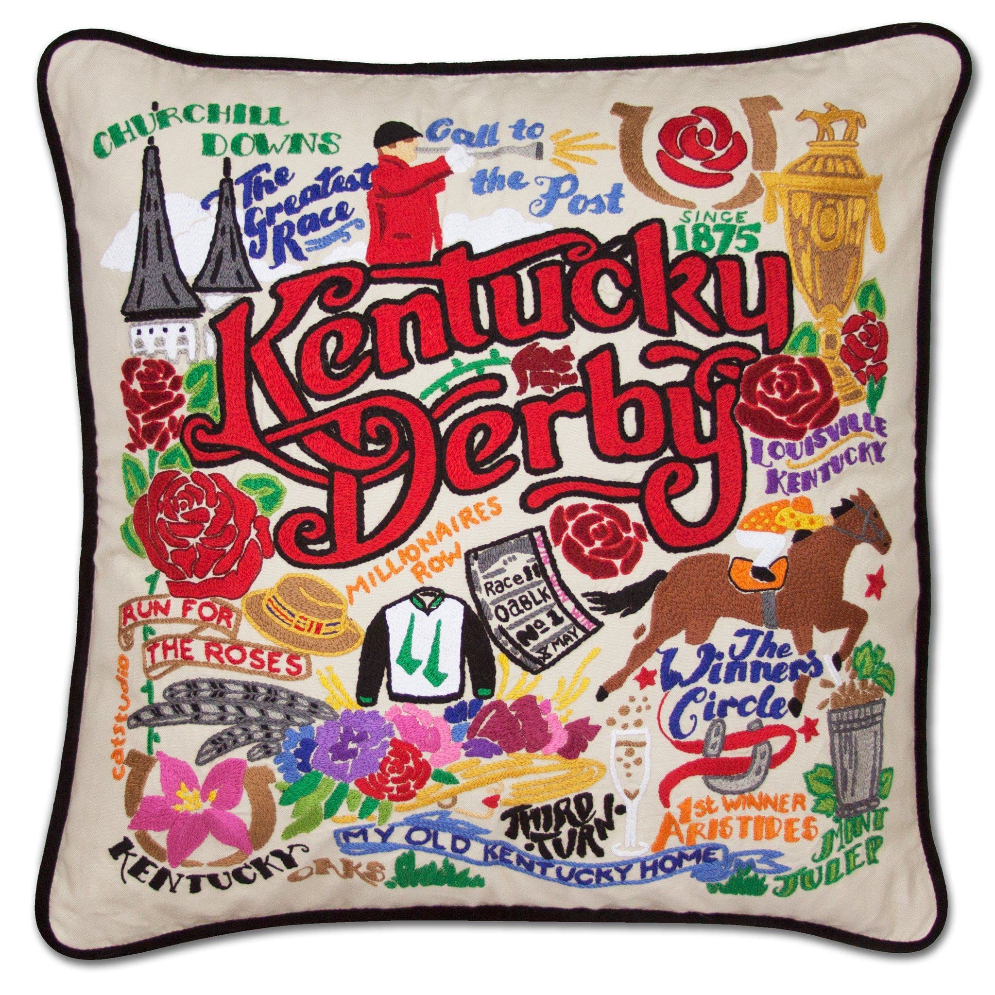 Kentucky Derby Embroidered Decorative Throw Pillow - Horse Racing Themed Home Decor for Sofa, Bed & Living Room