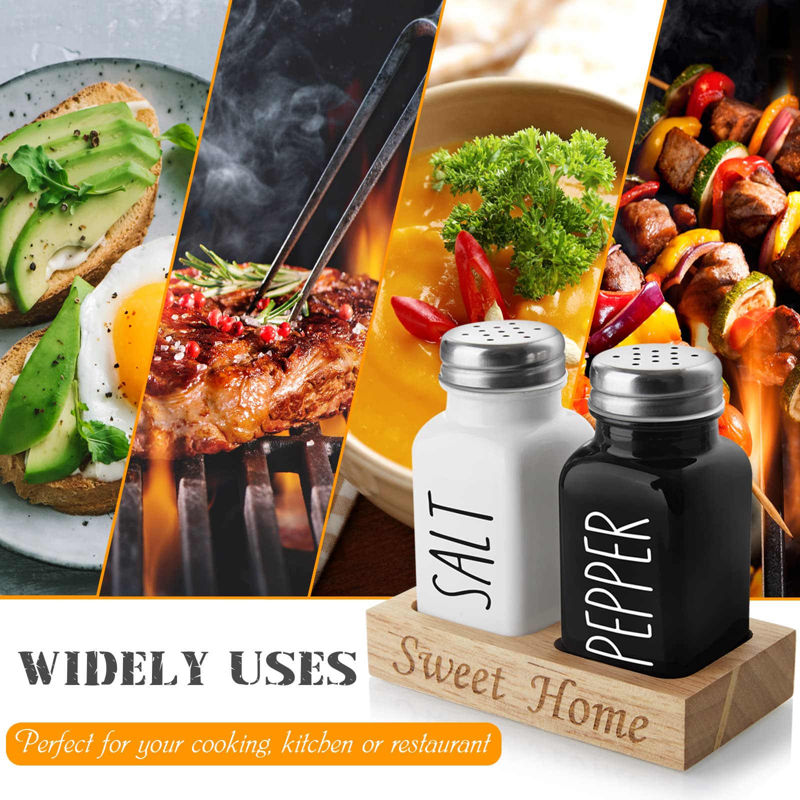 Premium Glass Salt and Pepper Shakers Set with Wooden Holder - 2.7 oz Black & White Kitchen Decor for Countertop or Dining Table - Ideal Wedding Gift & Housewarming Present - Perfect for Everyday Use, Dinner Parties, and Home Decor