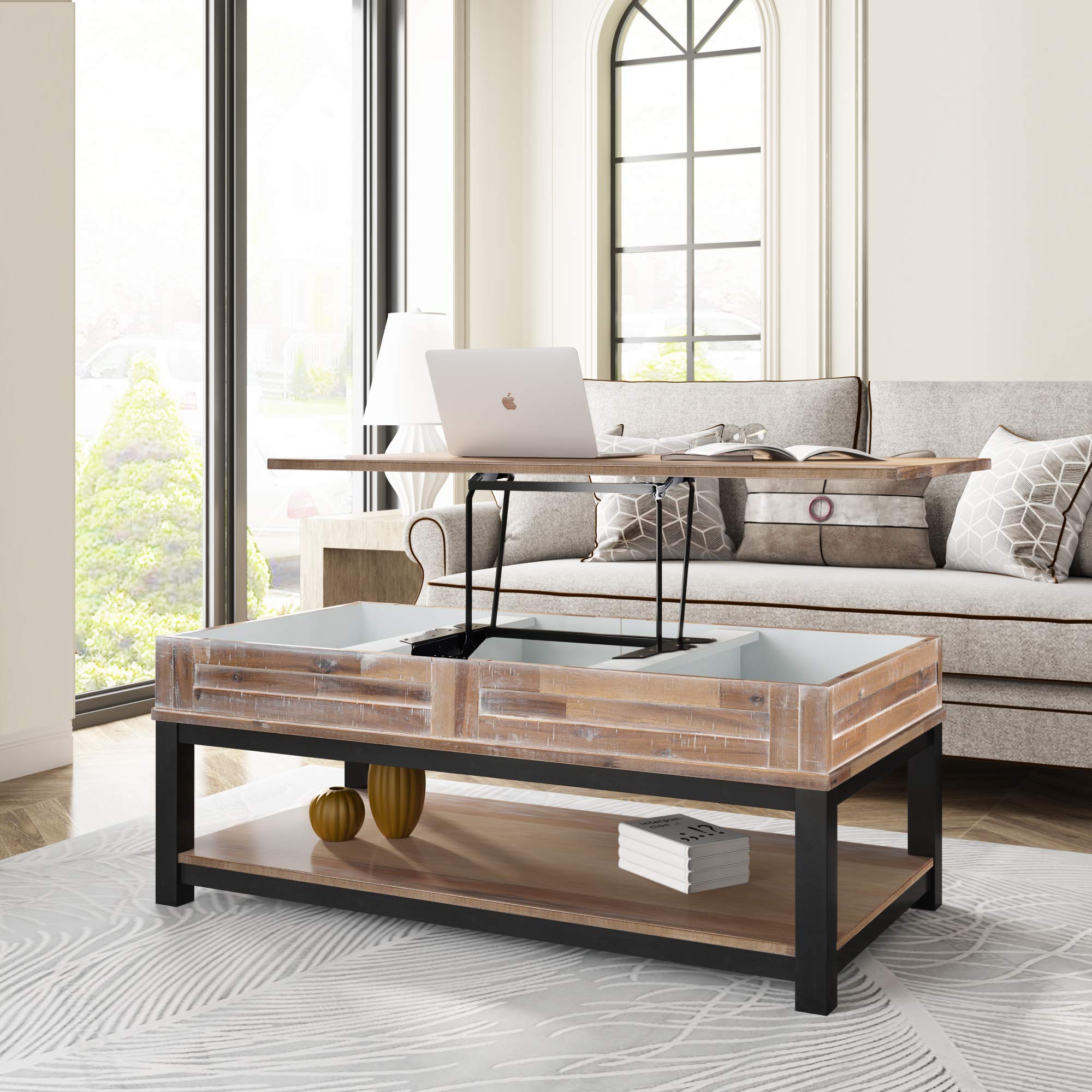 Modern Lift Top Coffee Table with Storage - Rectangular Wooden Sofa Table with Shelf & Metal Frame, Brown | Perfect for Living Room, Lounge & Small Spaces