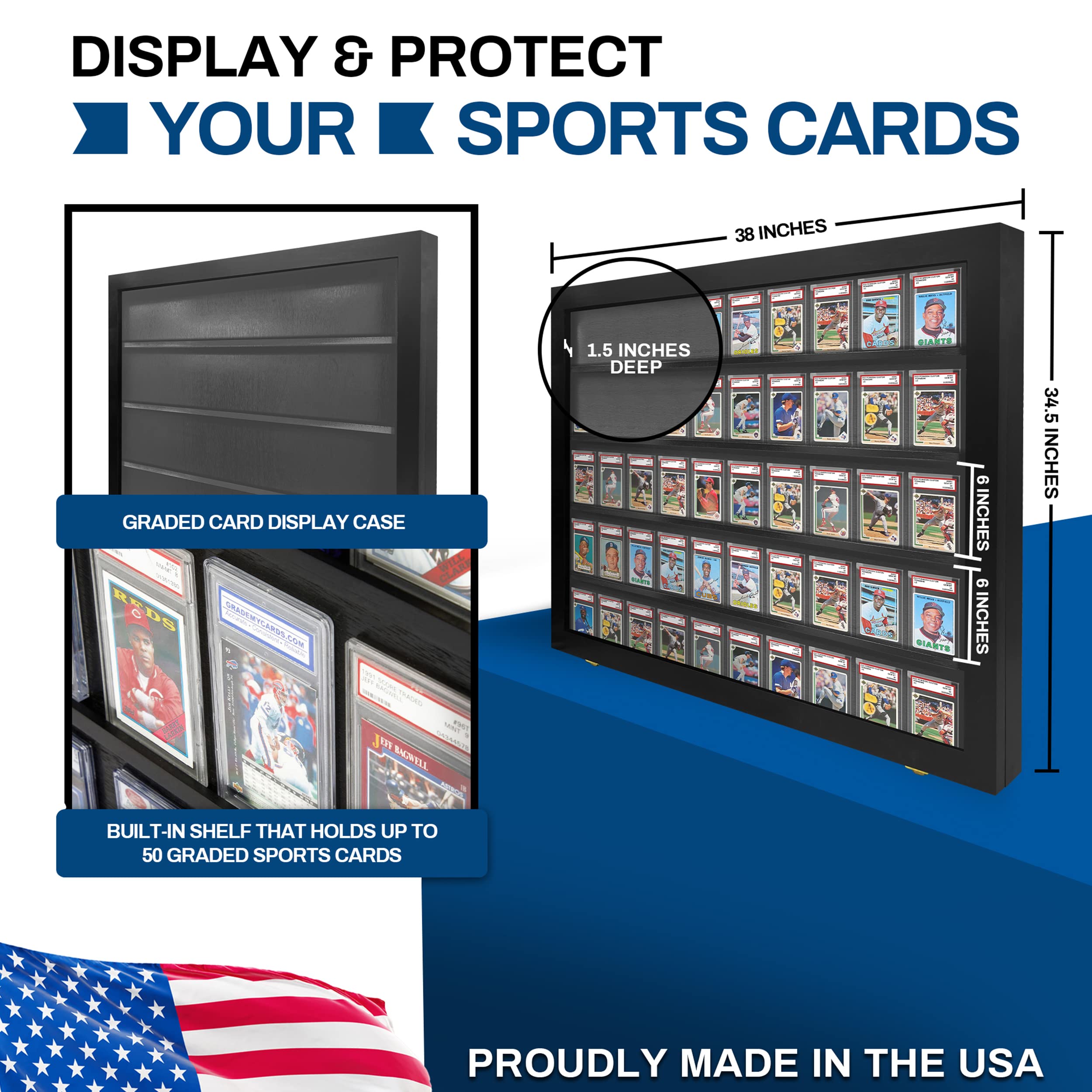 Baseball Card Display Case - 50 Graded Sports Frame with Lock & UV Protection - PSA Certified for Pokemon, Football & Basketball Cards | Perfect for Collectors, Home Decor & Gift Giving