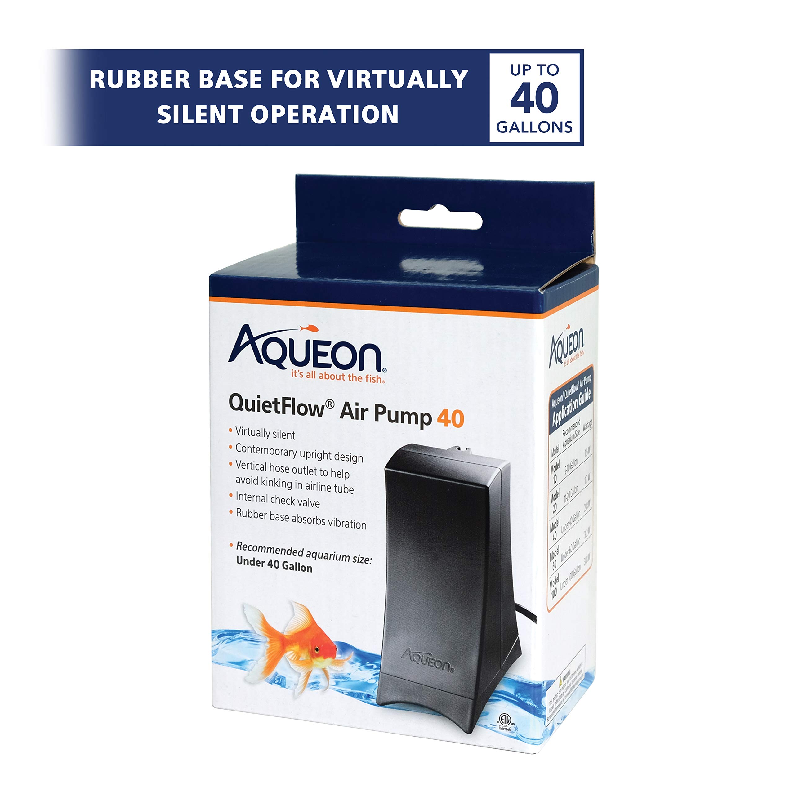Aqueon QuietFlow Aquarium Air Pump 40 - Ultra Quiet Oxygen Pump for Fish Tanks Up to 40 Gallons - Black - Perfect for Home Aquariums, Fish Breeding & Aquatic Plant Tanks