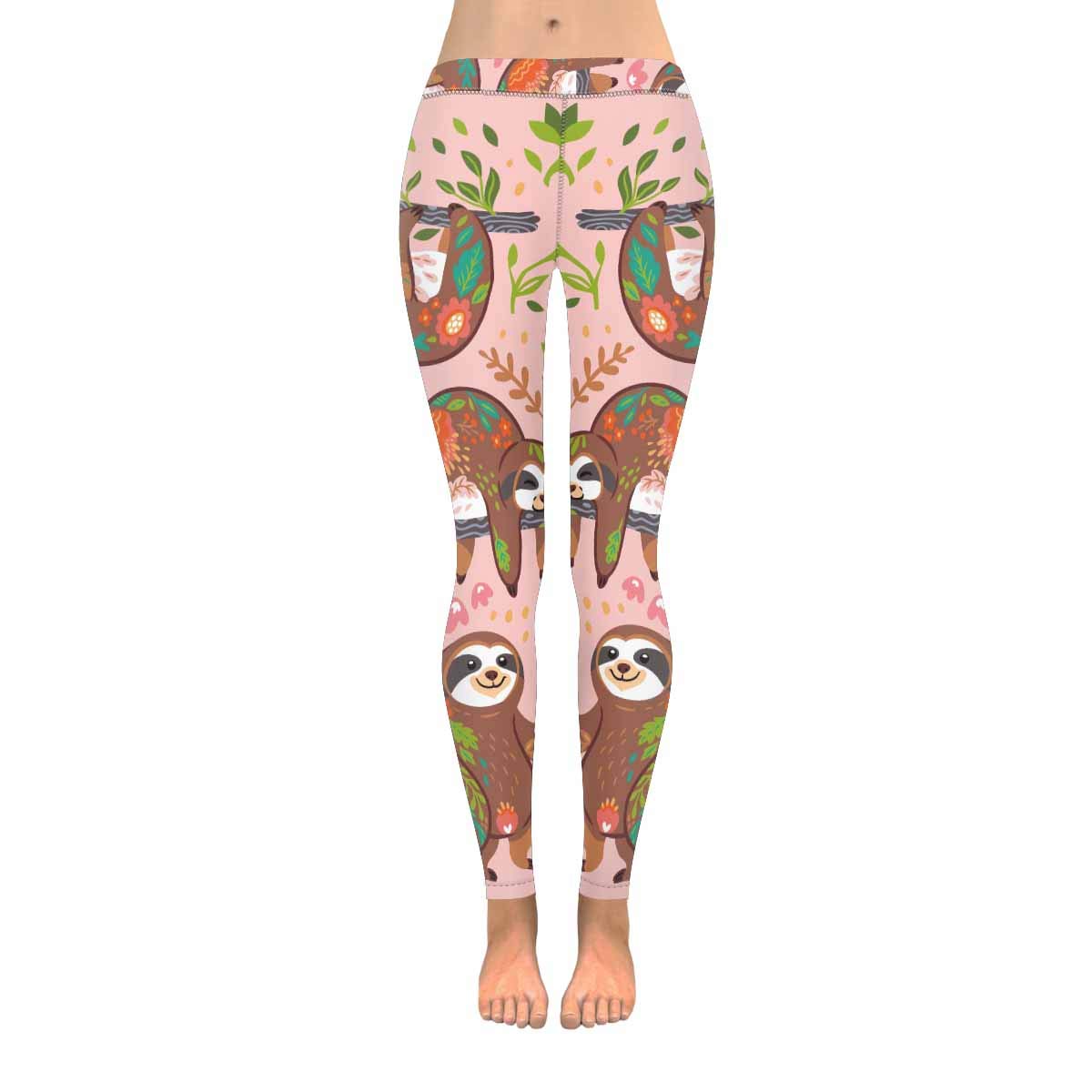 InterestPrint Women's Yoga Pants - Cute Cartoon Floral Sloth Print High Waisted Stretchy Workout Leggings for Gym, Running & Lounge Wear