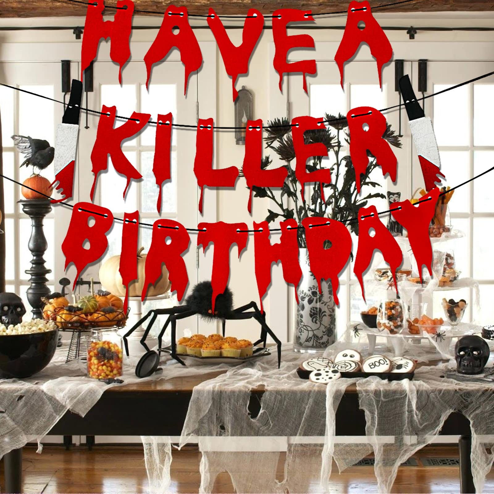 Scary Halloween Birthday Decorations - Murder Mystery Party Banner with Bloody Horror Movie Theme - Perfect for Spooky Birthday Parties & Halloween Events
