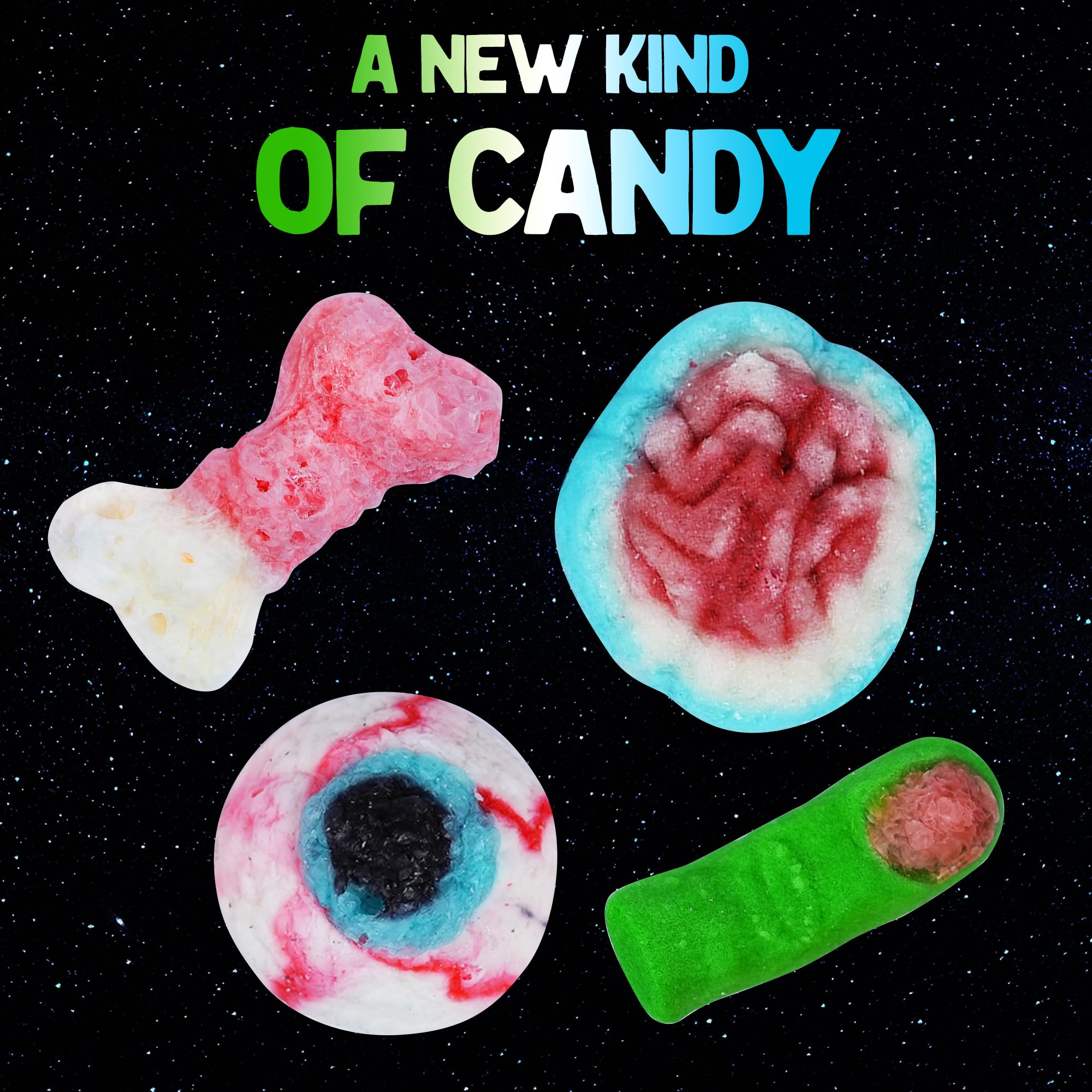 Premium Freeze Dried Alien-Themed Candy - Brains, Eyeballs, Fingers & Bones (4oz) | Space Ship Packaging with Protective Box & Fun Stickers | Perfect for Halloween, Cosplay, Sci-Fi Parties & Unique Gifts