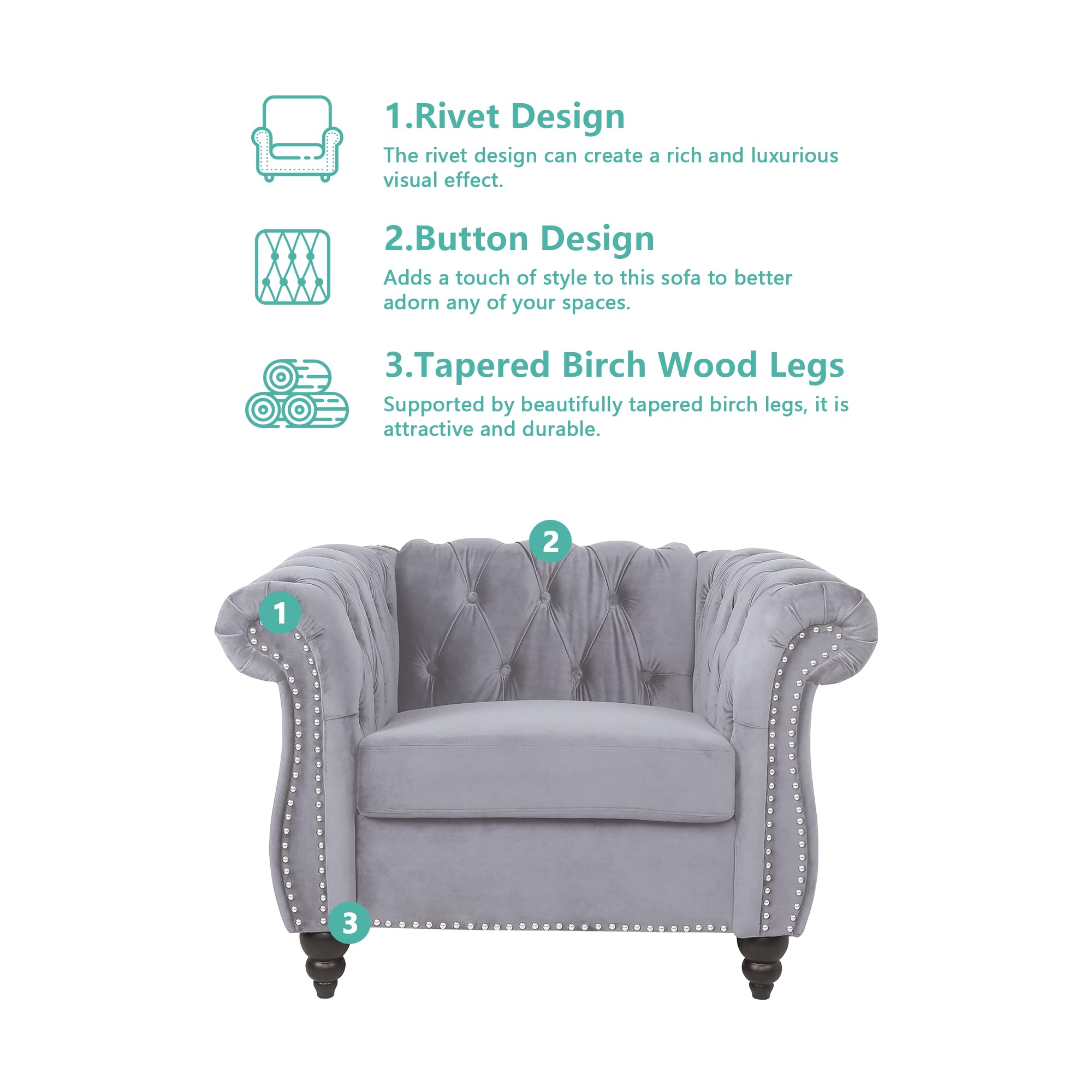 QHITTY Velvet Chesterfield Accent Chair - Modern Tufted Upholstered Living Room Furniture in Grey | Perfect for Home Office, Lounge & Reading Nook