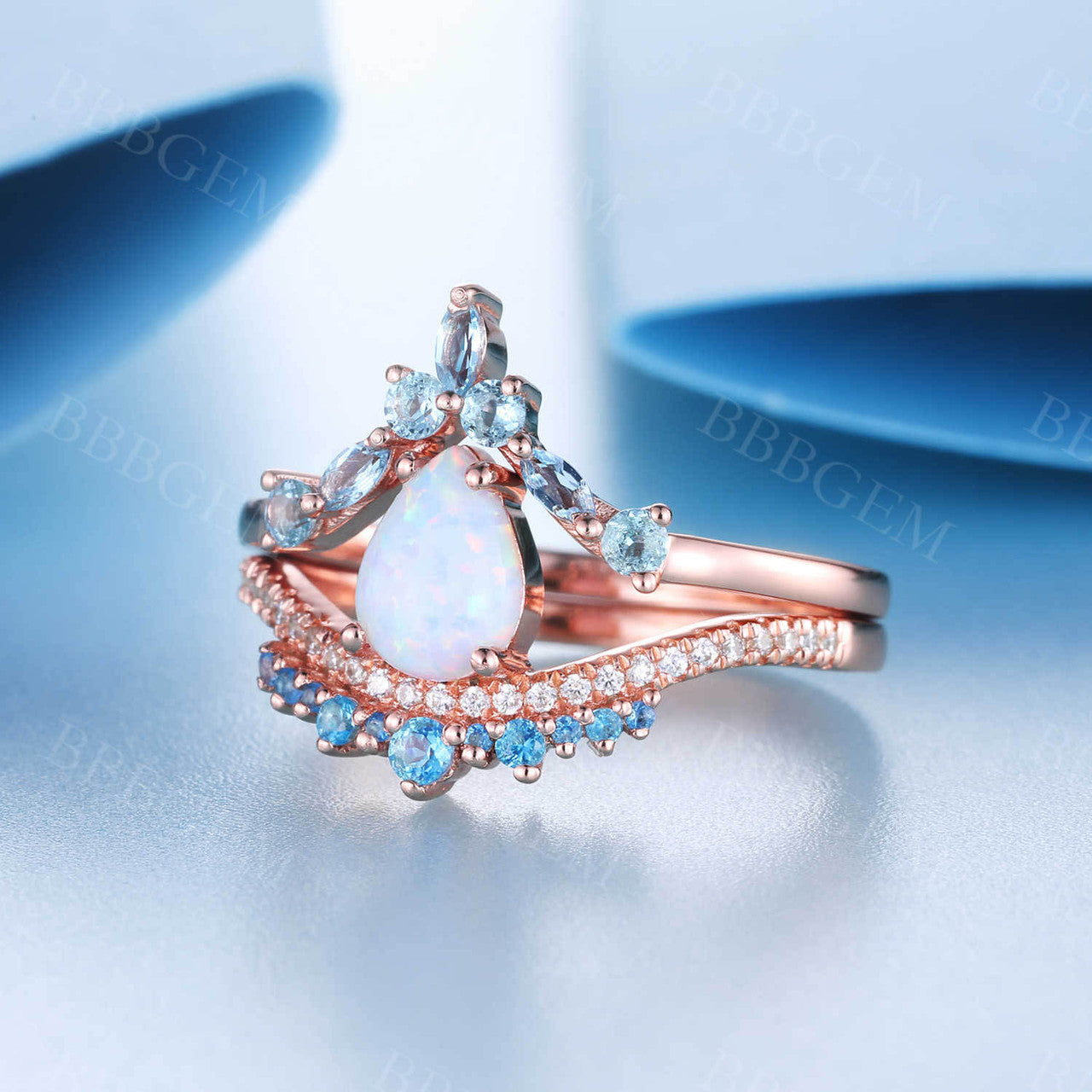 Vintage Opal Engagement Ring Set in Rose Gold with Blue Topaz Stacking Band - Unique Curved Wedding Bridal Jewelry Set for Proposal, Anniversary & Special Occasions