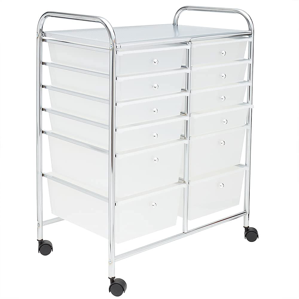 Home Basics 12-Drawer Storage Cart - White Rolling Organizer with Multi-Size Drawers & Castor Wheels | Perfect for Office Supplies, Craft Organization, Bedroom & Bathroom Storage | Portable Mobile Storage Solution