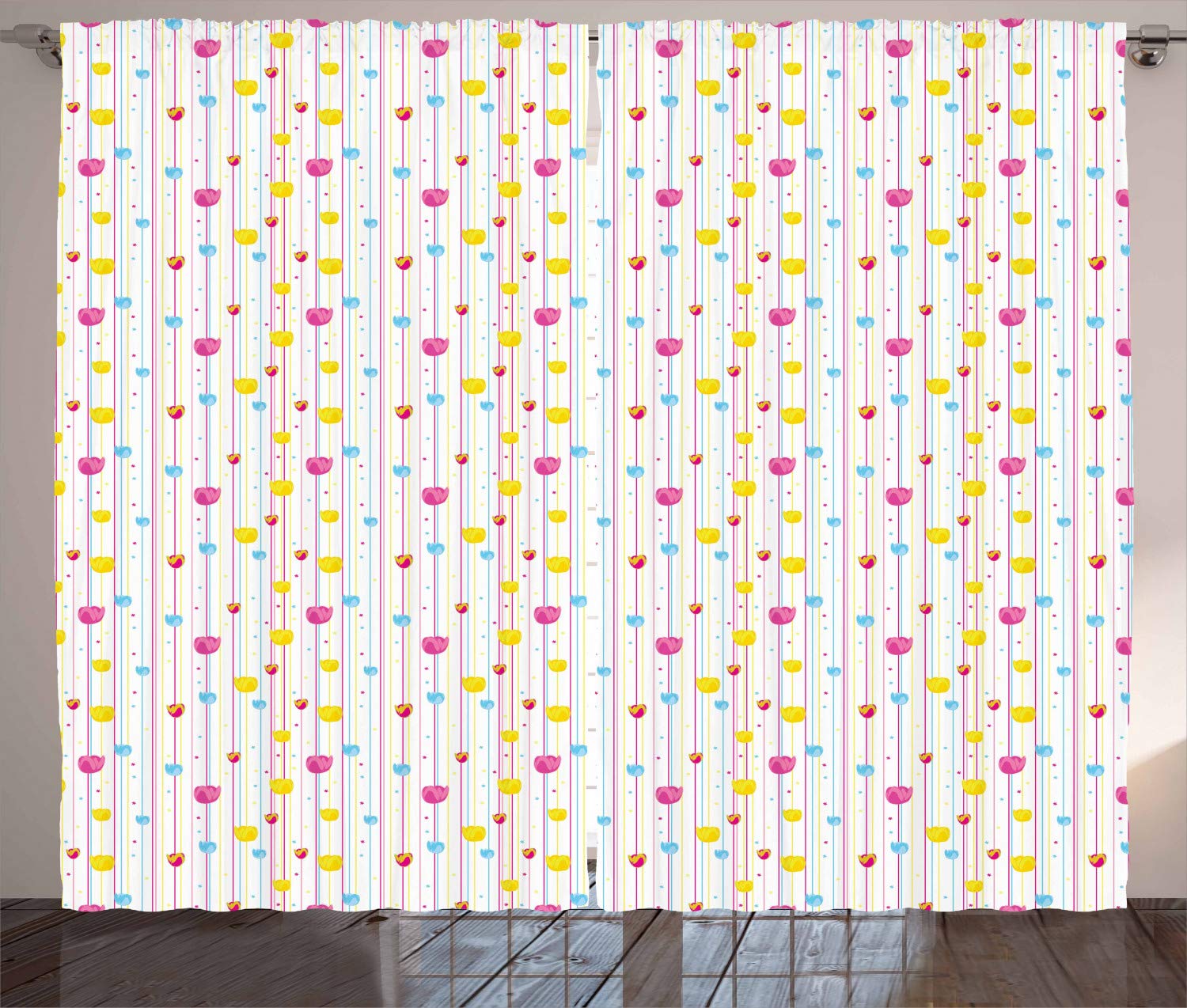 Ambesonne Yellow and Blue Striped Curtains with Floral Tulip Design - 2 Panel Set, 108
