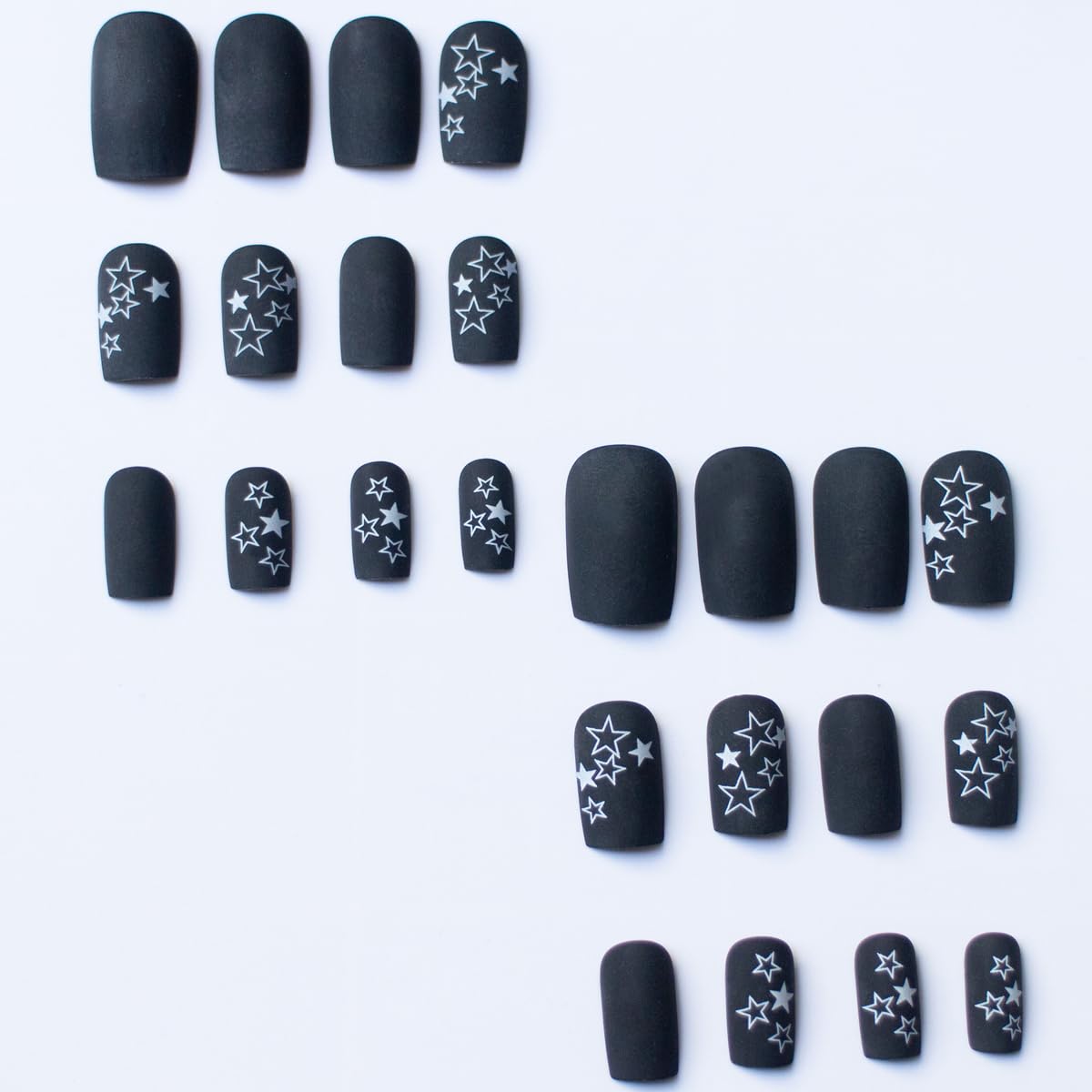Black Matte Star Press on Nails - Medium Coffin Fake Nails with Glue & Shiny Stars | Luxury Glossy False Nails for Women & Girls | Natural Acrylic Nails for Parties, Weddings & Daily Nail Decoration
