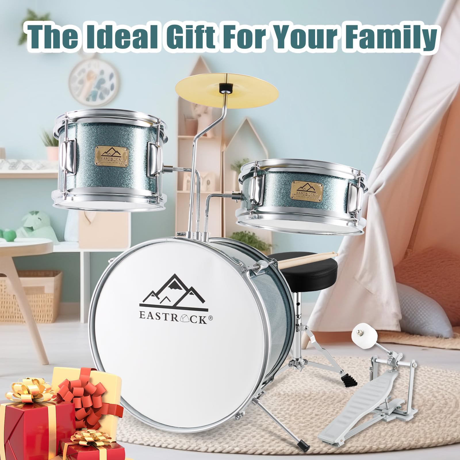EASTROCK 3-Piece 14'' Kids Drum Set with Adjustable Throne, Cymbal, Pedal & Drumsticks - Blue-Black Beginner Drum Kit for Young Drummers | Perfect for Home Practice, Music Lessons & Birthday Gifts