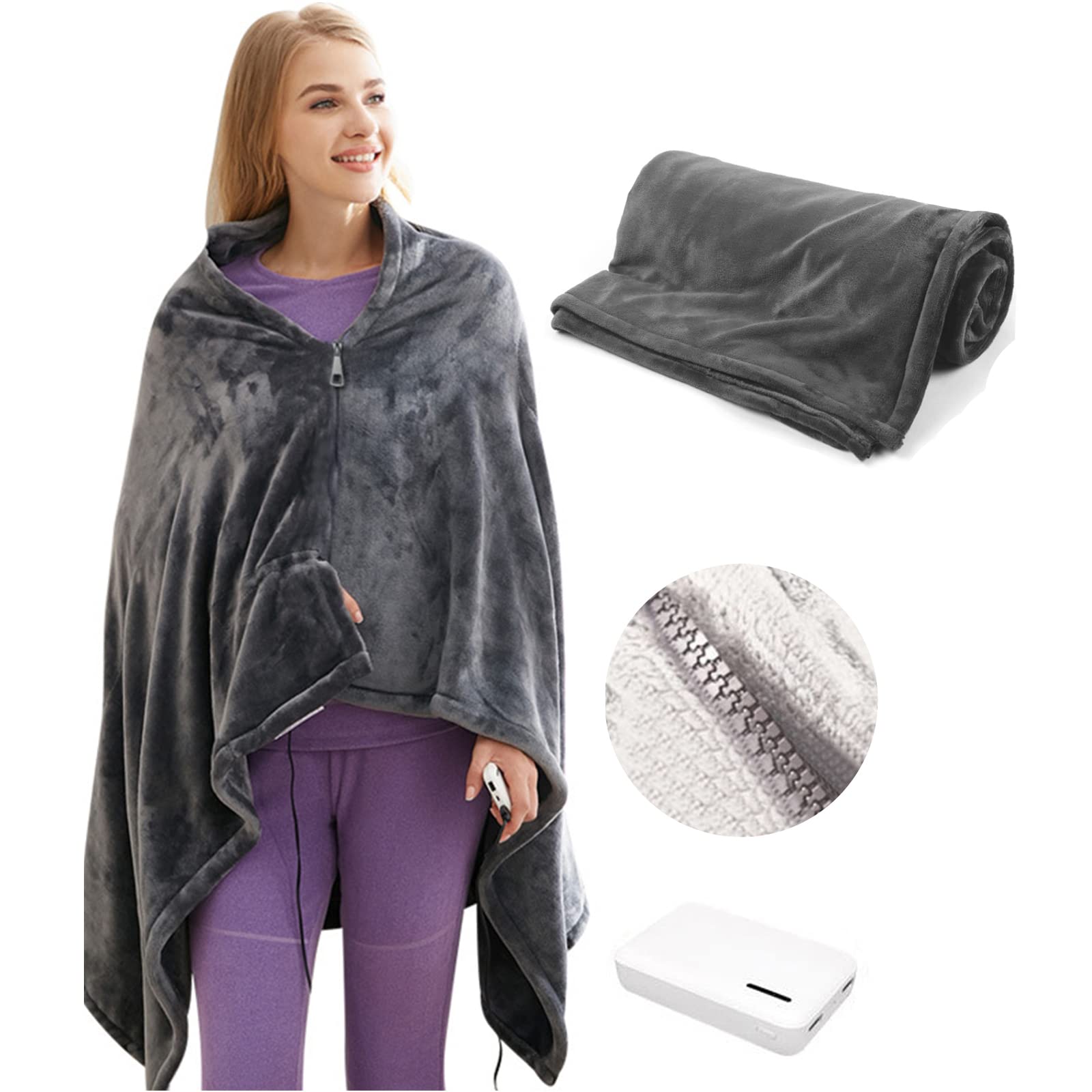Electric Heated Shawl Blanket - USB Cordless Wrap with 3 Heating Settings (5V/2A) - Battery Operated Flannel Blanket 59
