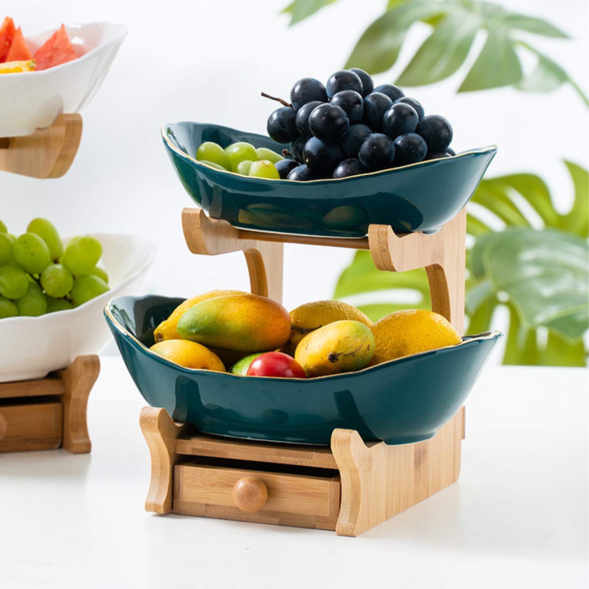 2-Tier Ceramic Fruit Basket with Bamboo Shelves & Serving Bowls - Dark Green Decorative Display for Coffee Table, Kitchen Counter, or Dining Room