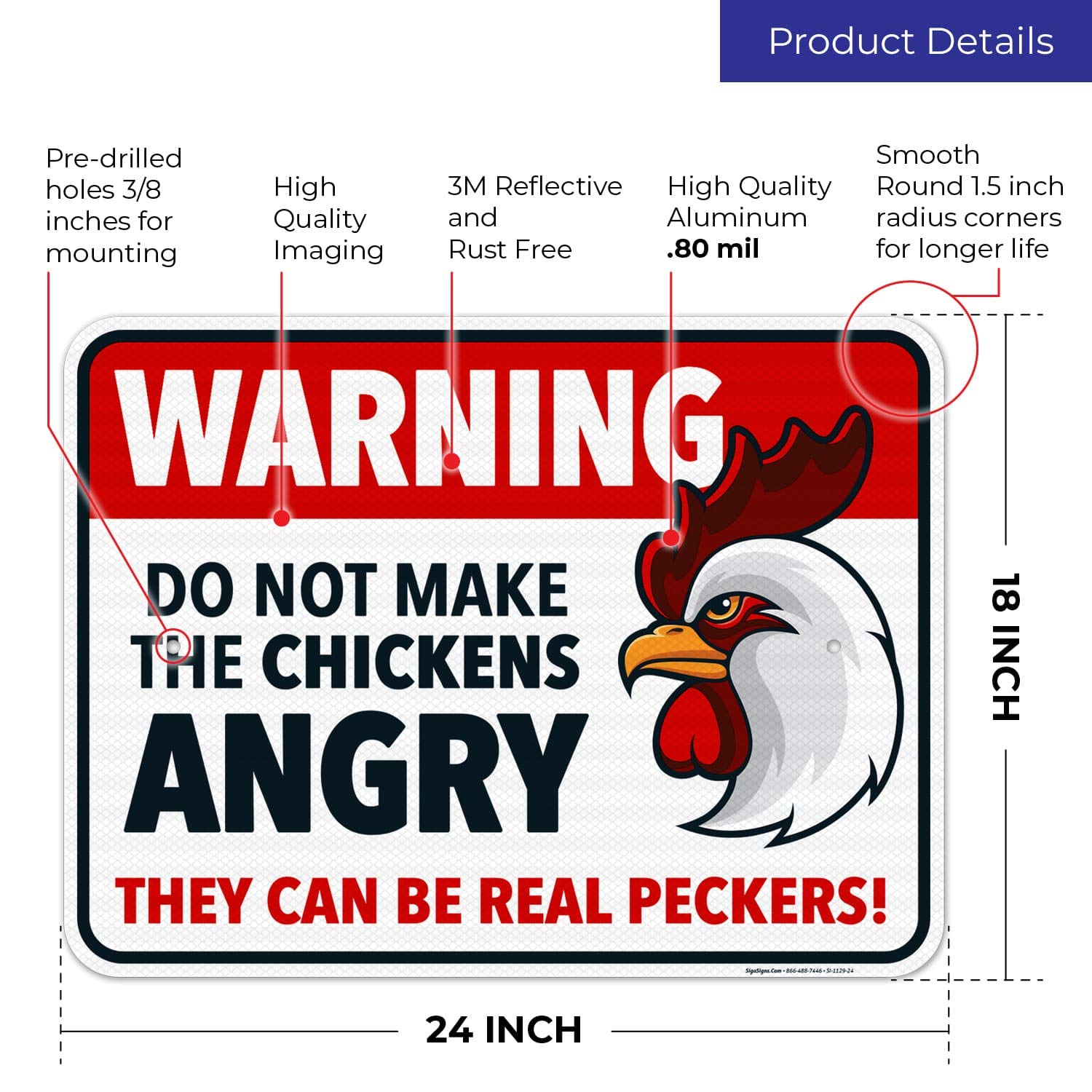Funny Chicken Coop Sign - Warning Do Not Make The Chickens Angry - 18x24 Inches Reflective Aluminum Sign - 3M EGP .080 Fade Resistant - Indoor/Outdoor Use - Easy Mounting - Made in USA - Perfect for Farmhouse Decor, Backyard Chicken Coops & Poultry Enthusiasts