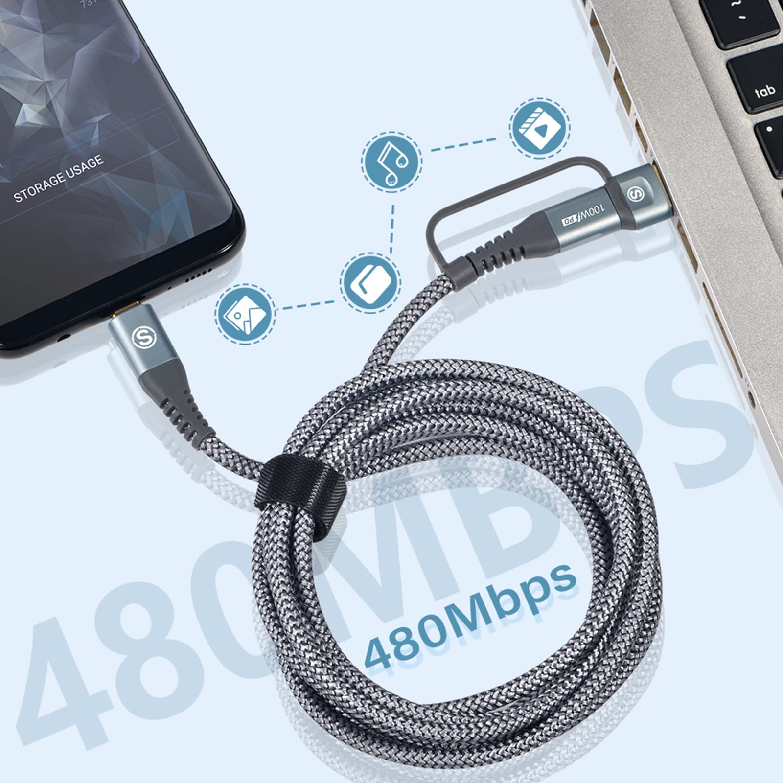 100W USB C to USB C Fast Charging Cable 3.3ft, PD 3.0 Nylon Braided 2-in-1 Charger Cord for iPhone 15 Pro Max/16, MacBook Pro/Air, iPad Pro, Samsung Galaxy S24/S23/S22, Pixel, PS5 - Perfect for Home, Office & Travel Charging