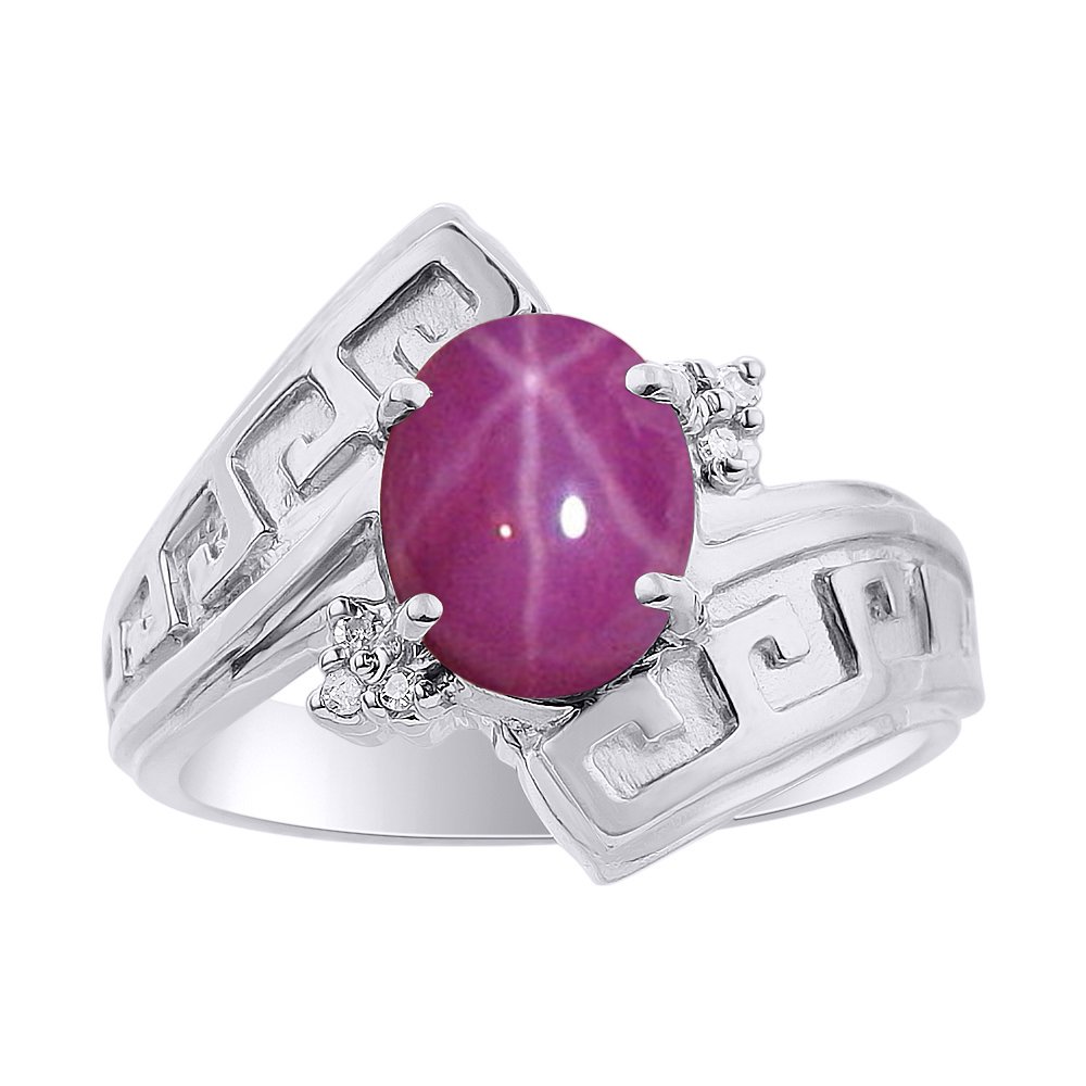 Elegant Diamond & Star Ruby Sterling Silver Ring Set - Greek Key Design, Color Stone Birthstone Jewelry for Women | Perfect for Weddings, Anniversaries & Special Occasions
