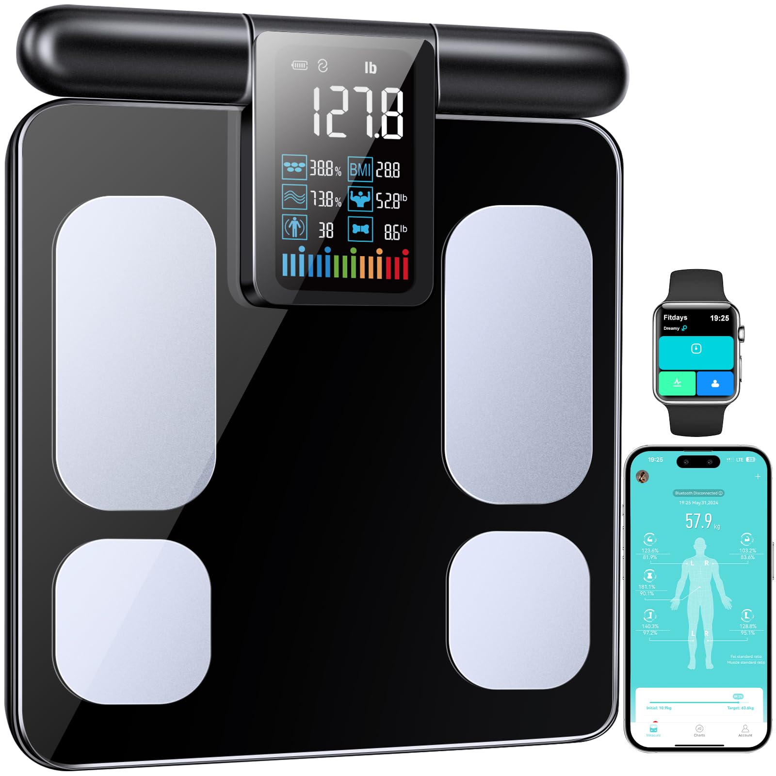 Smart Digital Body Fat Scale with 8 Electrodes - Measures BMI, Body Fat, Muscle Mass & 28 Body Composition Metrics | High Precision Rechargeable Scale with Color VA Display for Home Gym, Weight Loss & Fitness Tracking