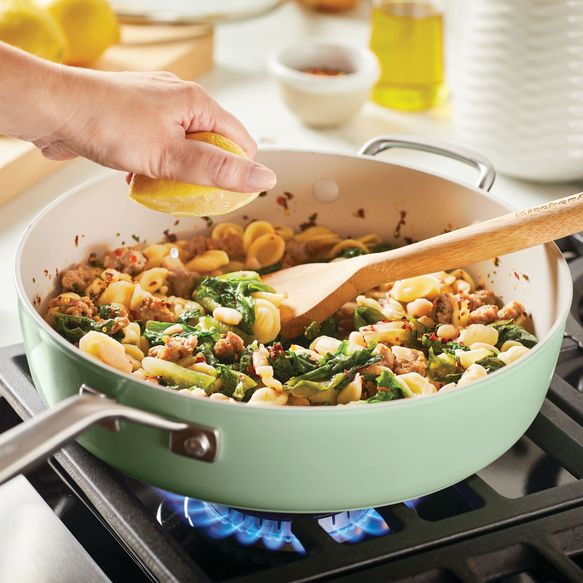 KitchenAid 5-Quart Nonstick Sauté Pan - Hard Anodized Ceramic Cookware with Shatter-Resistant Glass Lid & Riveted Handle - Even Heat Distribution, Oven Safe to 500°F, Easy to Clean - Pistachio Green - Perfect for Sautéing, Frying, and Simmering in Modern Kitchens