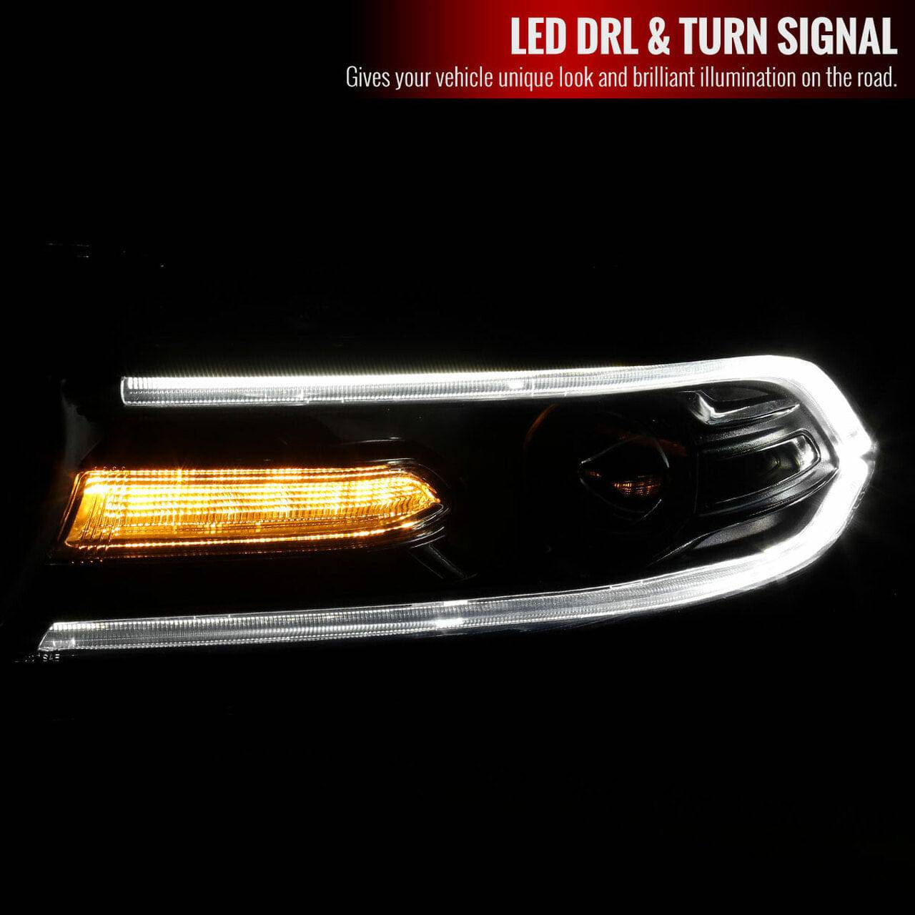 2015-2020 Dodge Charger LED Projector Headlights with C-Shape LED Strip & Turn Signal - Black Housing Clear Lens - Upgrade for Night Driving & Custom Look