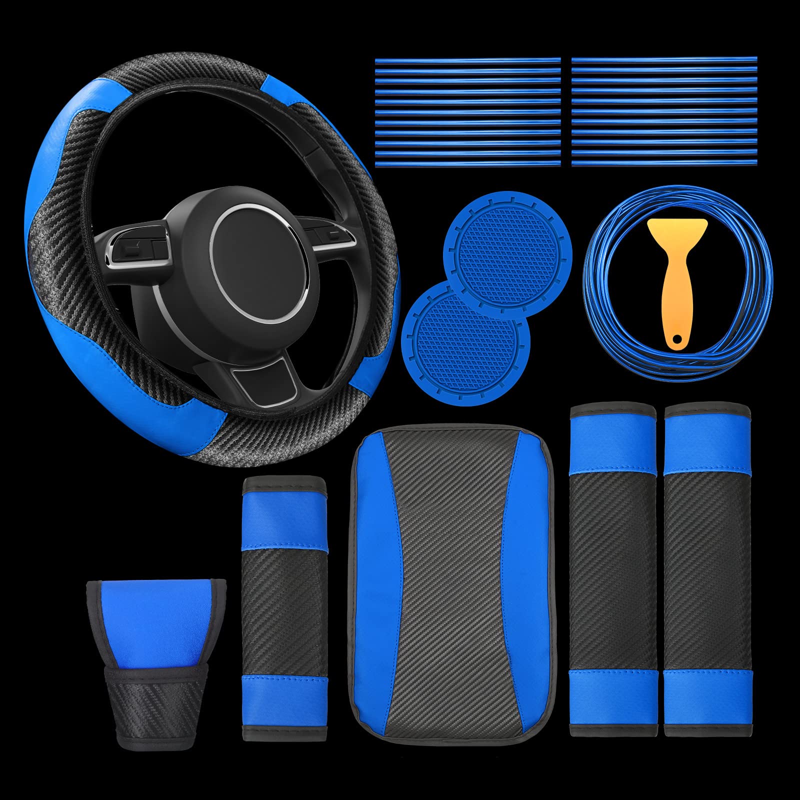 Riakrum 30-Piece Car Accessories Set - Blue & Black PU Leather Steering Wheel Cover, Vent Trim Strips, AC Insert Strips with Installation Tool | Auto Interior Upgrade & Gift for Car Enthusiasts | Perfect for Sedans, SUVs & Trucks
