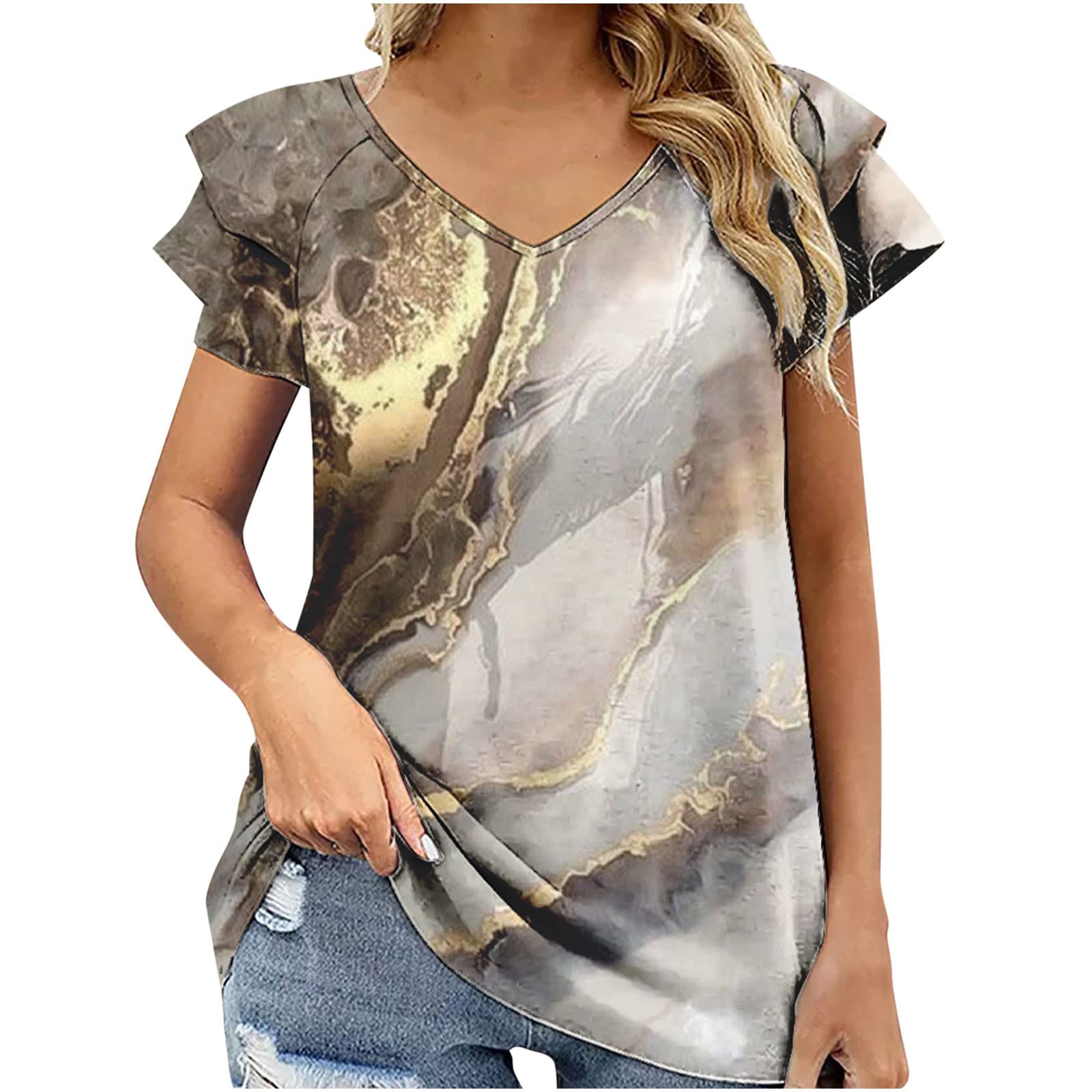 Vintage American Flag Shirts for Women - Cute Ruffle Short Sleeve Tunic Tops, Summer Trendy Loose Blouses for Casual Wear & Patriotic Events | Perfect for 4th of July, BBQ Parties & Outdoor Activities