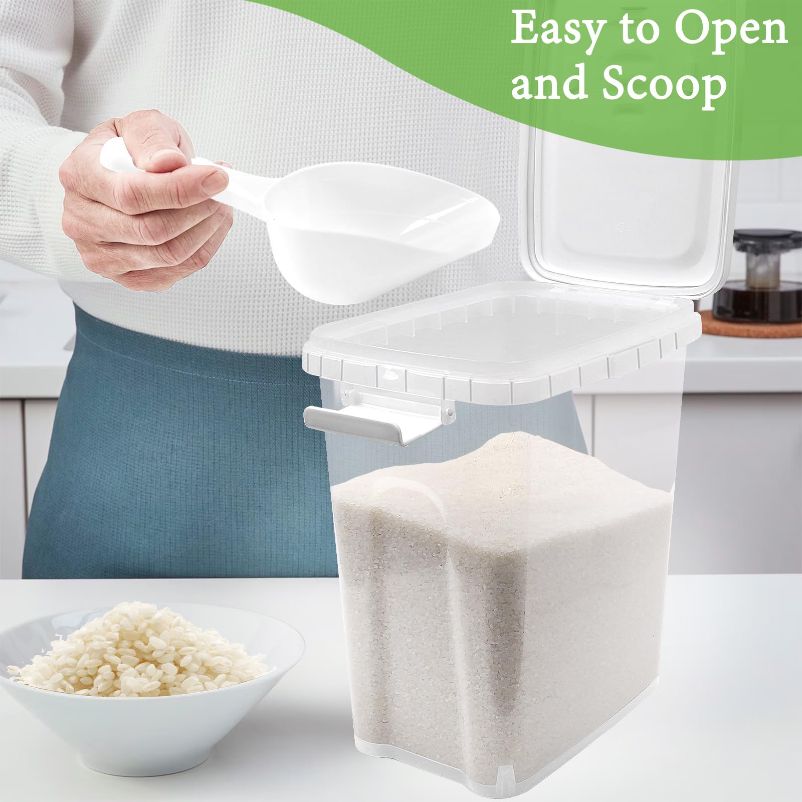 Airtight 15 Lbs Rice Storage Container with Scoop - Food Grade Plastic Flour & Cereal Dispenser - Kitchen Pantry Organizer for Dry Food (Rice, Sugar, Flour) - Perfect for Meal Prep & Bulk Food Storage