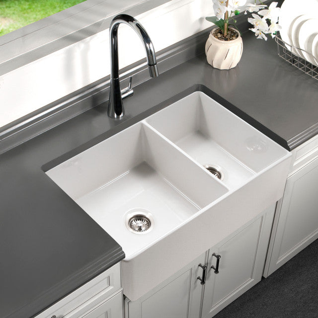 Houzer Platus Series 33-Inch Fireclay Farmhouse Sink - Dual Mount Undermount/Apron Front 60/40 Double Bowl Kitchen Sink for Modern & Rustic Homes - Perfect for Meal Prep, Dishwashing & Large Cookware