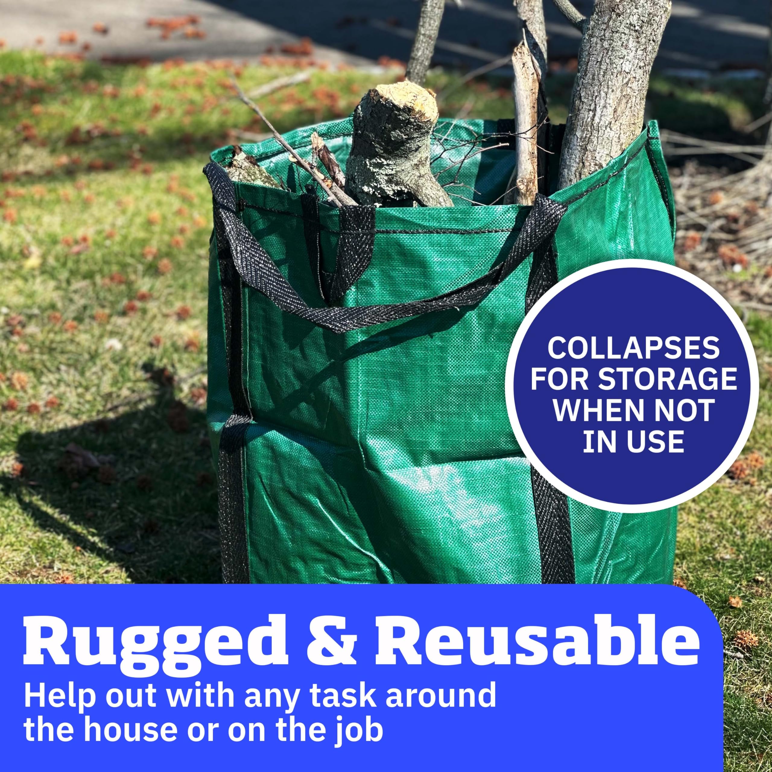 DURASACK Heavy Duty 48-Gallon Reusable Lawn & Leaf Bags - Self-Standing Yard Waste Bags with Reinforced Handles, Green (3-Pack) for Home, Garden & Outdoor Cleanup