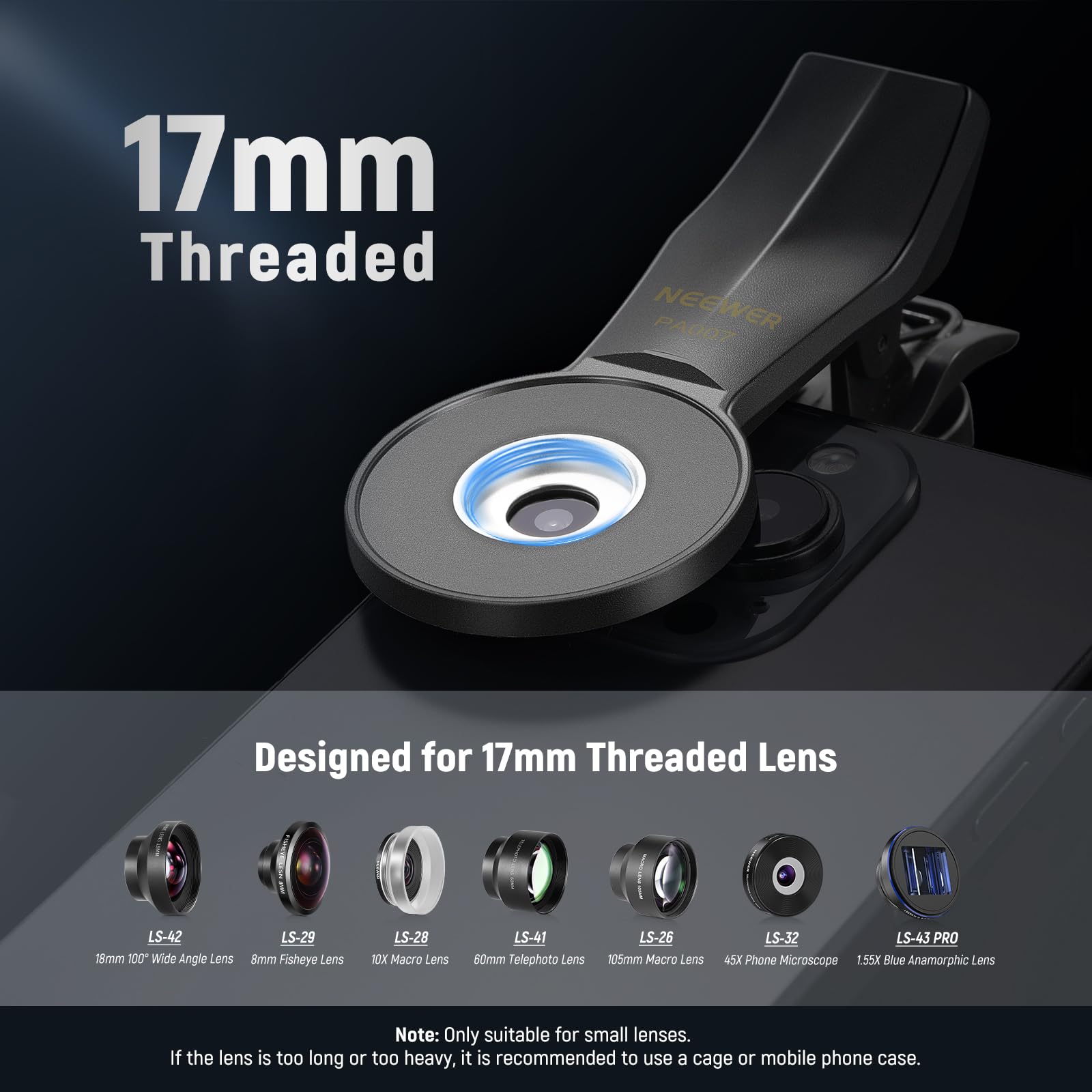NEEWER Universal Phone Clamp with 17mm Thread - Professional Telephoto Lens Adapter for iPhone 15 Pro Max/Plus, Galaxy S24/S23 Ultra, Pixel | Smartphone Photography Accessories | Perfect for Vlogging, Travel & Close-Up Shots