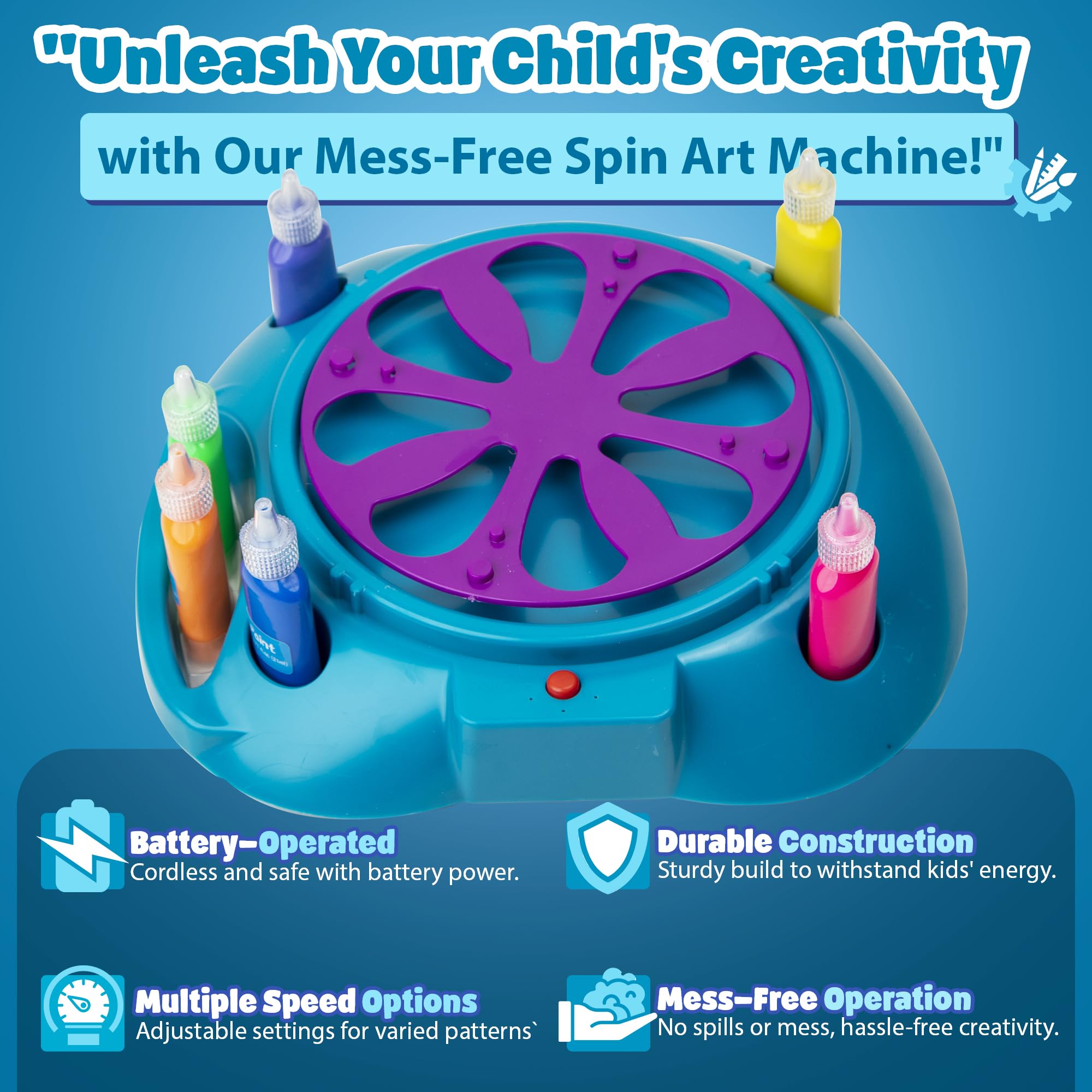 Variable Speed Spin Art Machine for Kids - Battery Operated Paint Spinner with Splatter Guard, Washable Paint & Art Cards | STEM Toys, Arts & Crafts Kit for Boys & Girls | Perfect for Birthday Parties, Classroom Activities & Creative Play