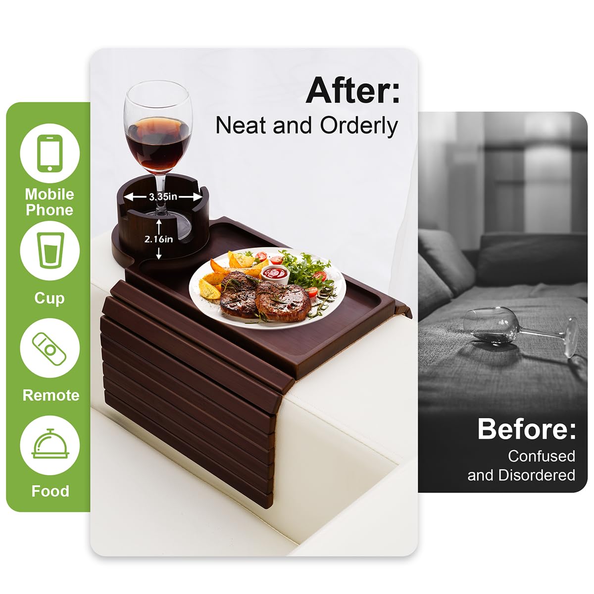 360° Rotating Foldable Couch Cup Holder Tray - 3-in-1 Sofa Arm Table with Phone Holder, Drink & Snack Tray for Living Room, Bedroom, Office - Perfect for Holding Coffee, Books, Remote Control While Relaxing