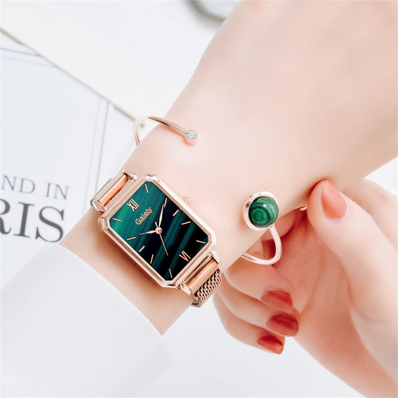 Stylish Women's Green Alloy Mesh Strap Square Face Quartz Watch - Elegant Dress Wristwatch for Office, Party & Daily Wear | CDYBOX Watch Bracelet Set